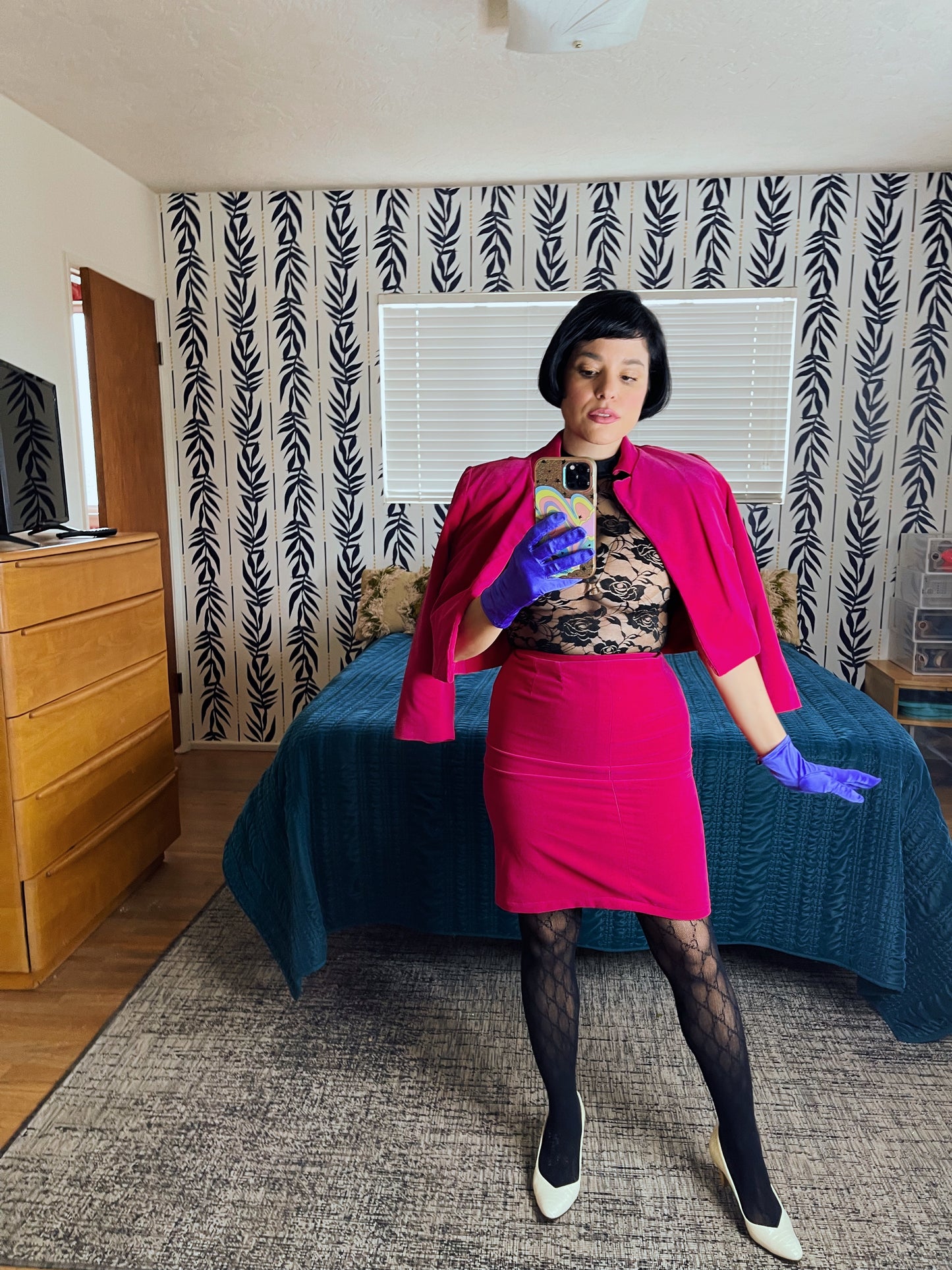 Vintage 60s Hot Pink Velvet Blazer Pencil Skirt Set Fits Sizes XXS-XS