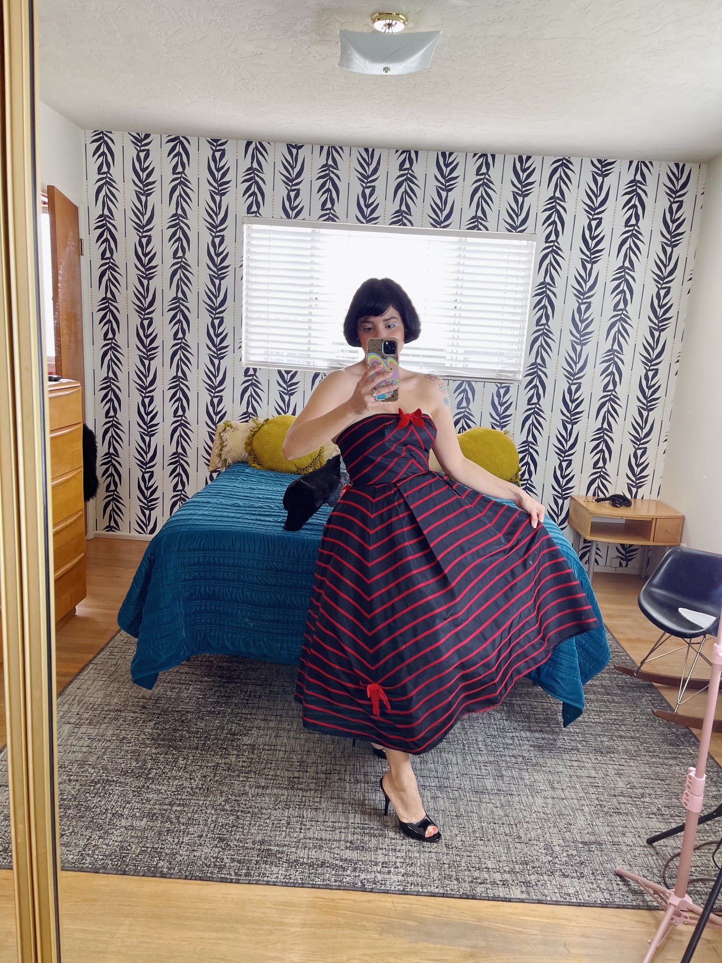 Vintage 50s / 60s Emma Domb Strapless Bow Dress Red Trim Velvet Bow Strapless Cocktail Dress Fits sizes XS-SM