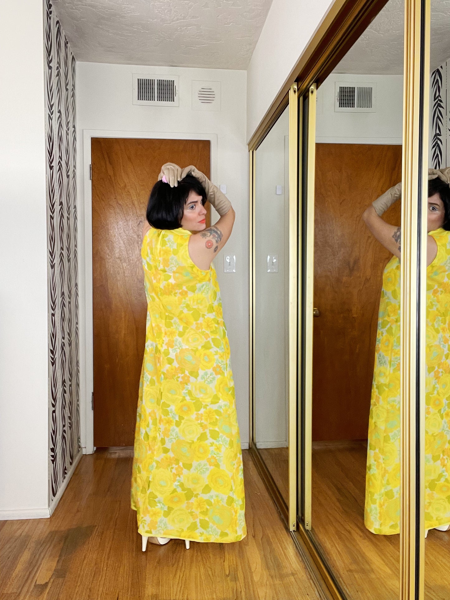 Vintage 60s / 70s Yellow Floral Chiffon Maxi Fits Sizes XS-SM
