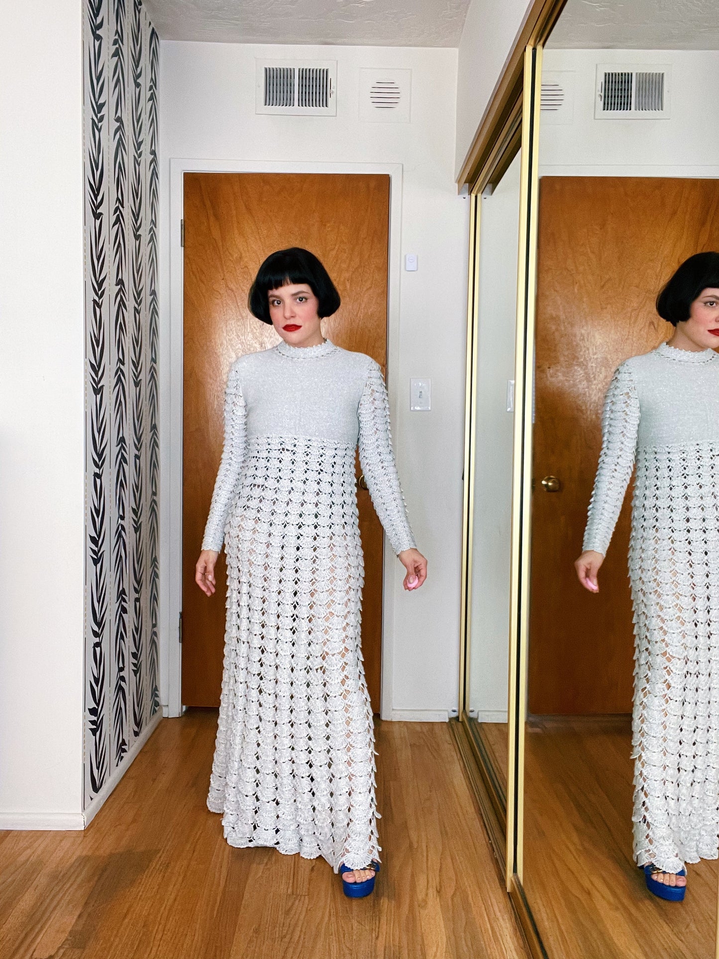 Vintage 60s / 70s Silver Metallic stretchy Crochet Knit Shell Print Maxi Dress Fits Sizes XXS-SM