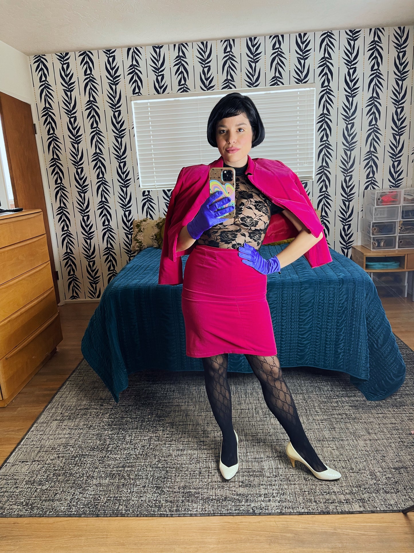 Vintage 60s Hot Pink Velvet Blazer Pencil Skirt Set Fits Sizes XXS-XS