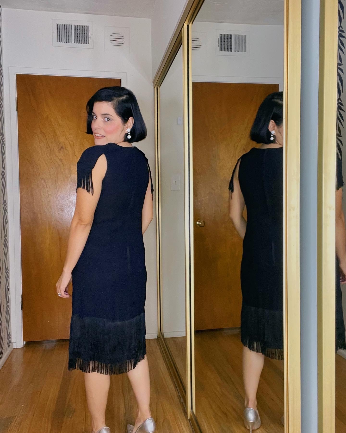Vintage 60s Black Fringe Shoulders & Hemline Cha Cha Dress Fits Sizes XS-SM