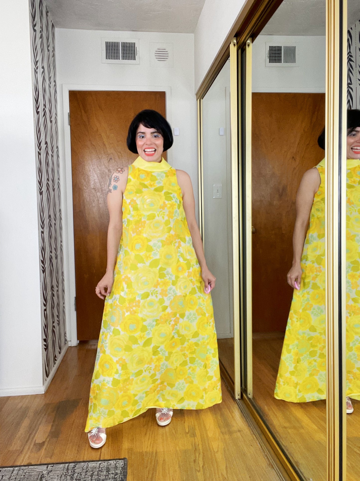 Vintage 60s / 70s Yellow Floral Chiffon Maxi Fits Sizes XS-SM