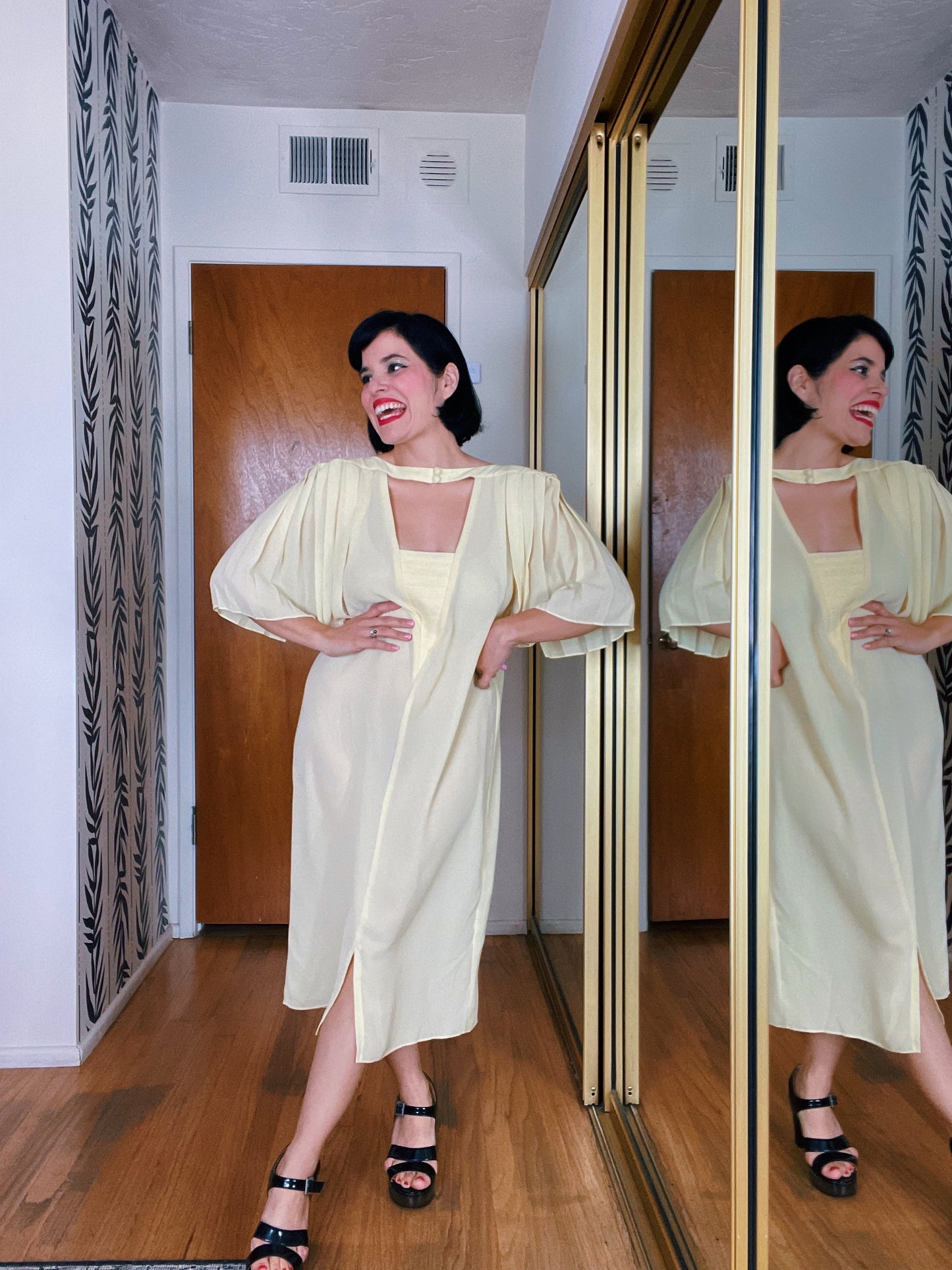 Vintage 80s Buttermilk Yellow Pleated Draped Sleeves Dress Fits Sizes XS-M & Possible Size L