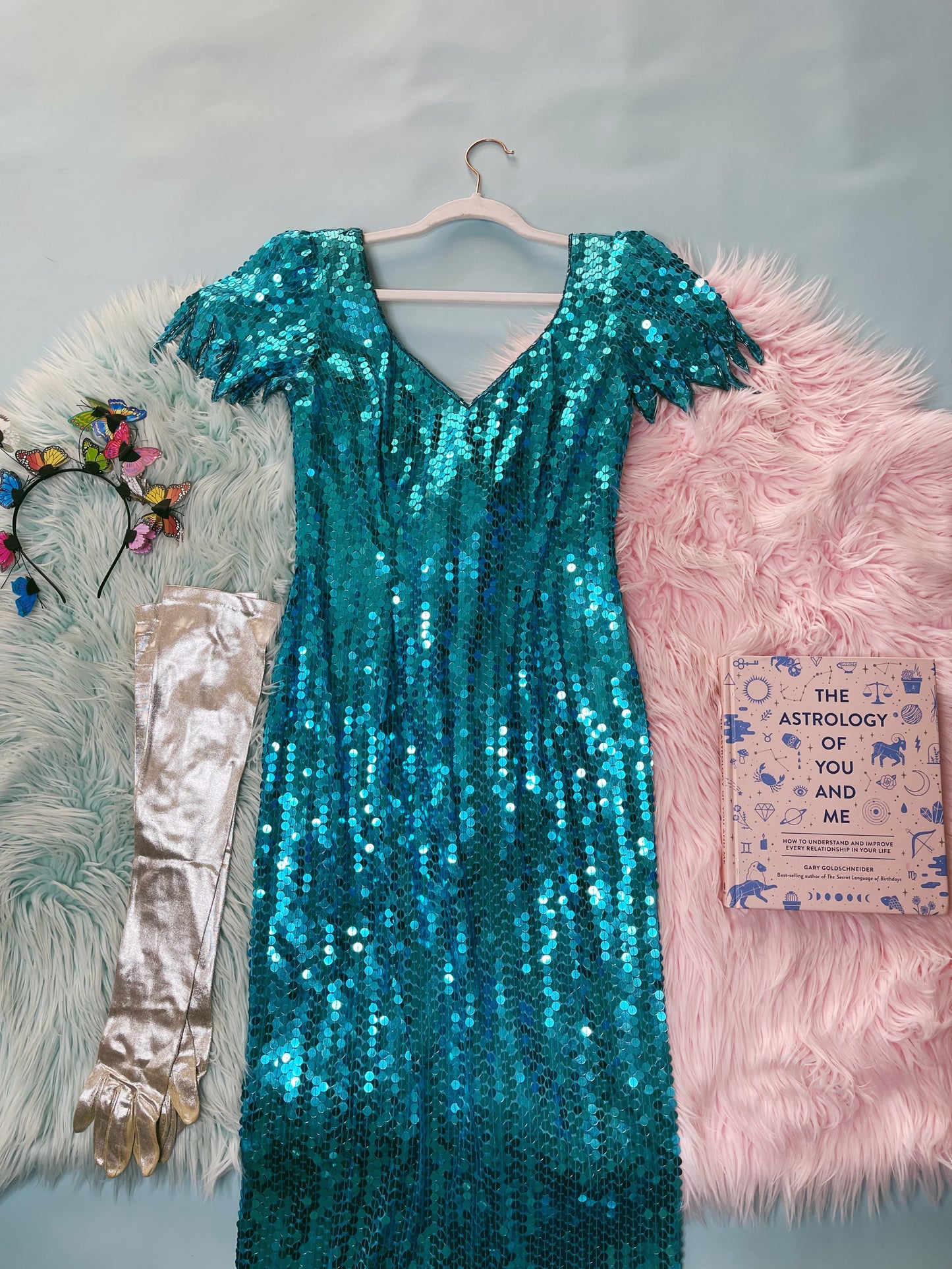 Vintage 80s "Ted Lapidus Paris" Avant Garde Teal Blue Sequins Stretchy Gown Fits Sizes S-M