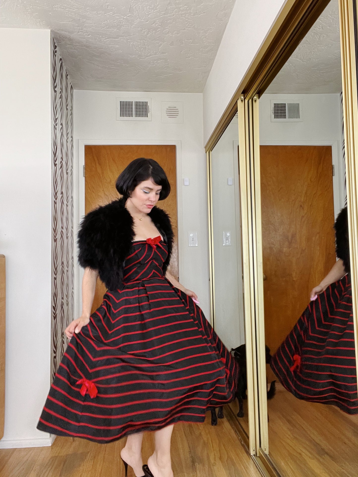 Vintage 50s / 60s Emma Domb Strapless Bow Dress Red Trim Velvet Bow Strapless Cocktail Dress Fits sizes XS-SM