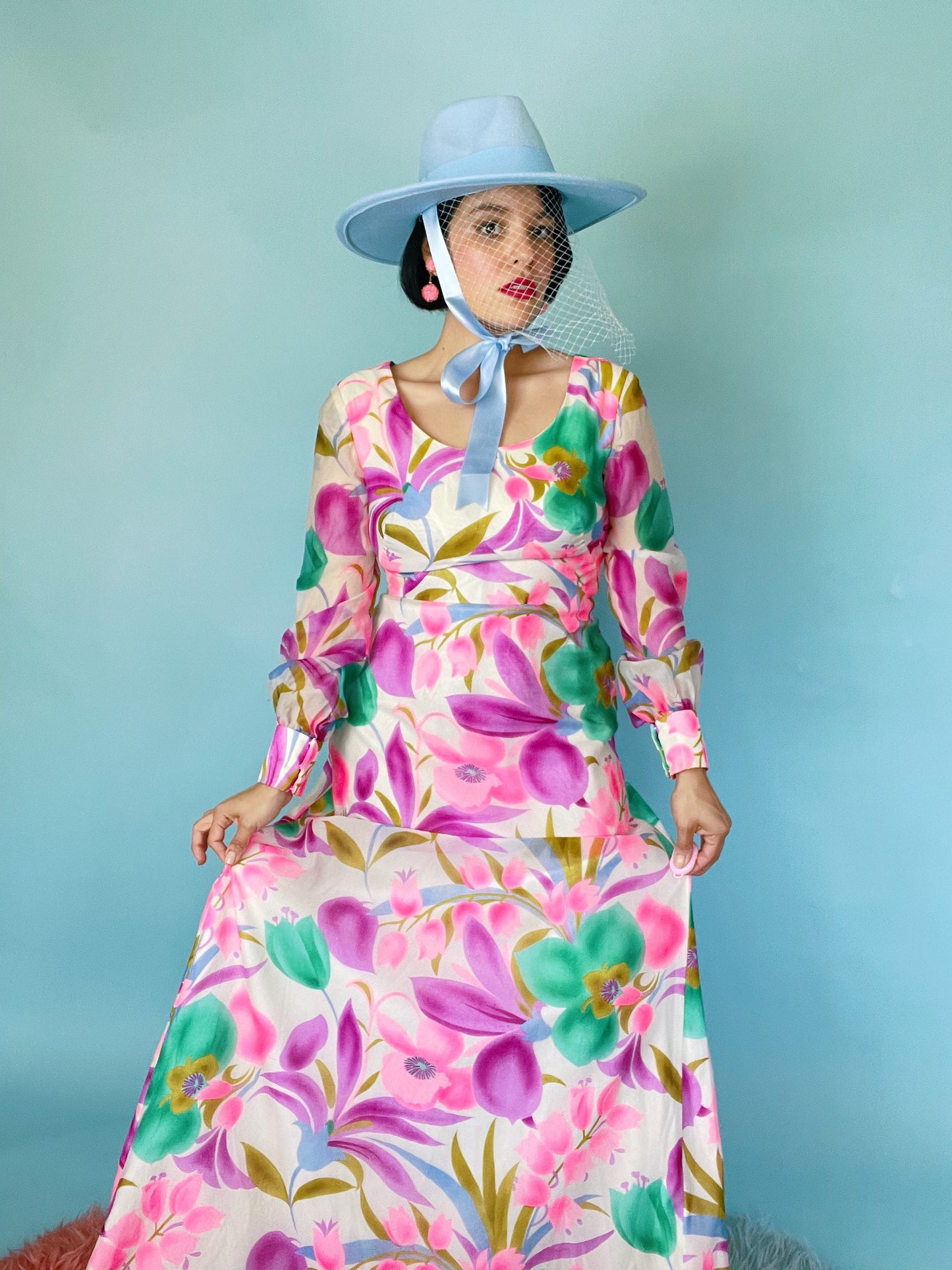Vintage 60s / 70s Neon Floral Garden Maxi Dress Fits Sizes XS-SM