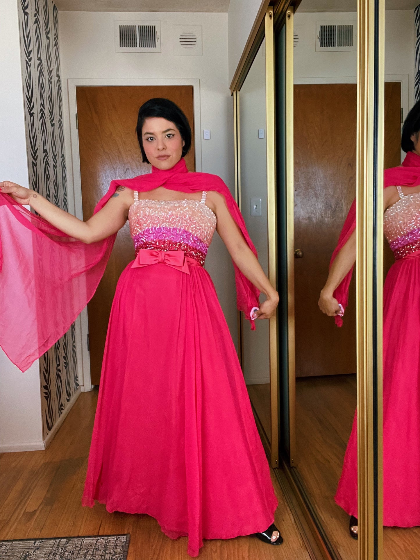 Vintage 60s Ombré Emma Domb Sequins Chiffon Gown Set Fits Sizes XXS-XS