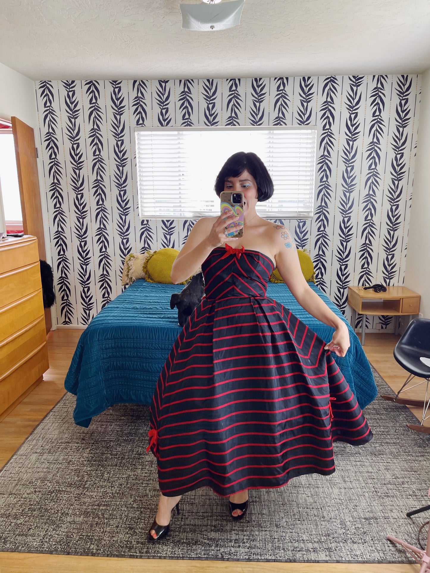 Vintage 50s / 60s Emma Domb Strapless Bow Dress Red Trim Velvet Bow Strapless Cocktail Dress Fits sizes XS-SM