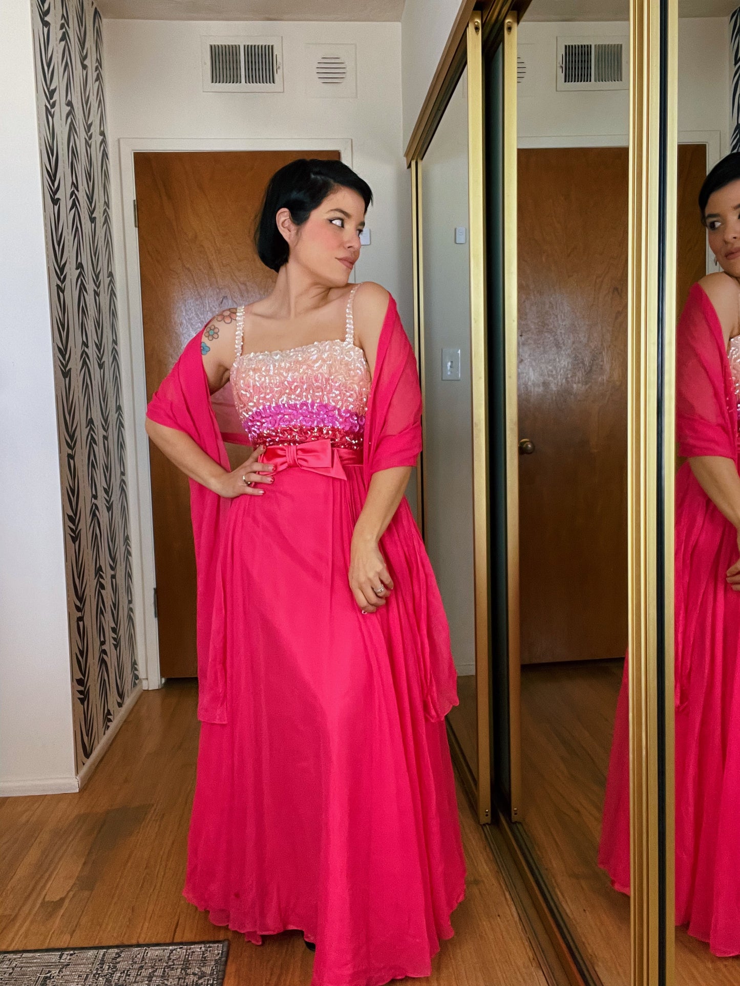 Vintage 60s Ombré Emma Domb Sequins Chiffon Gown Set Fits Sizes XXS-XS