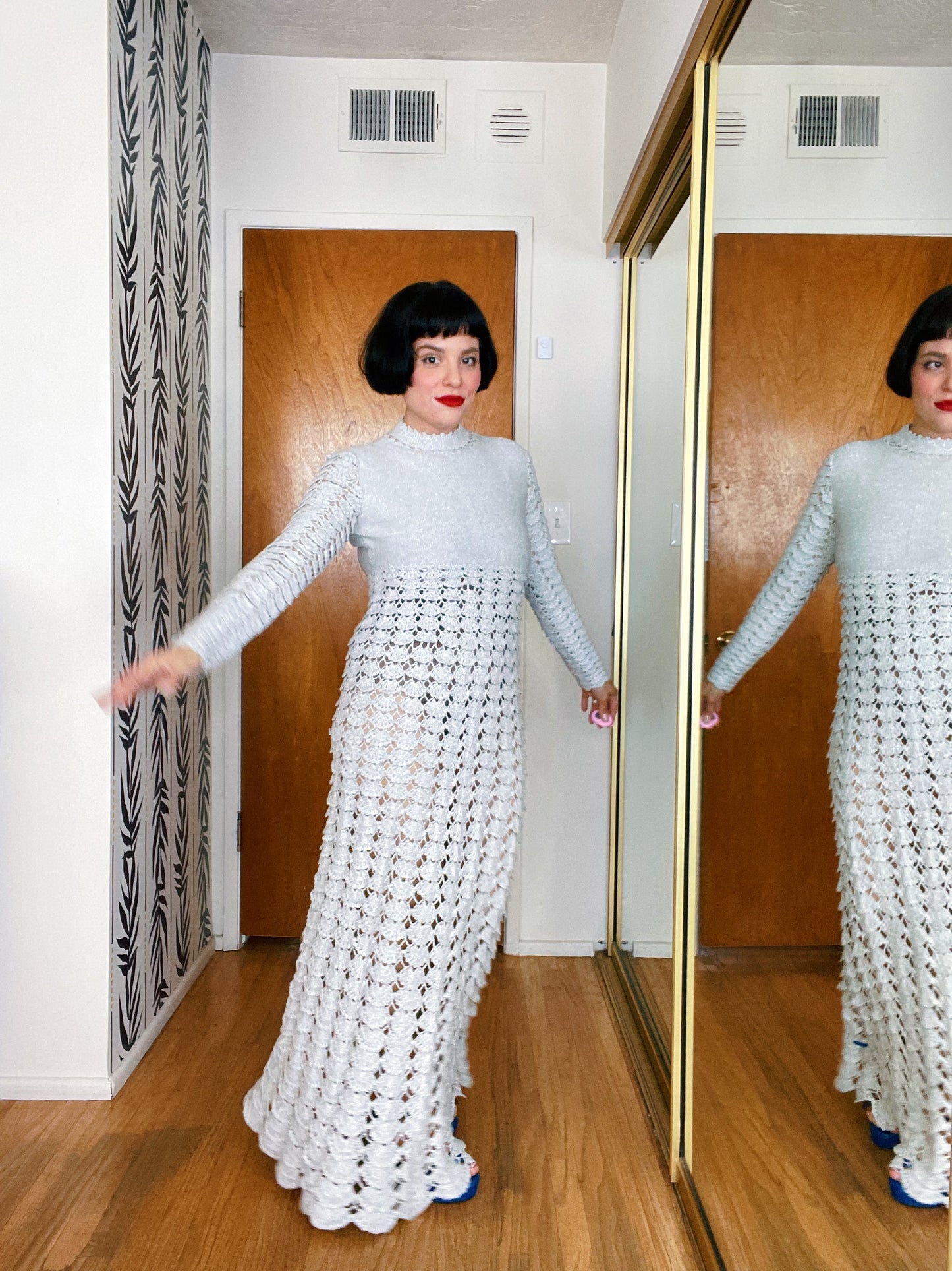 Vintage 60s / 70s Silver Metallic stretchy Crochet Knit Shell Print Maxi Dress Fits Sizes XXS-SM
