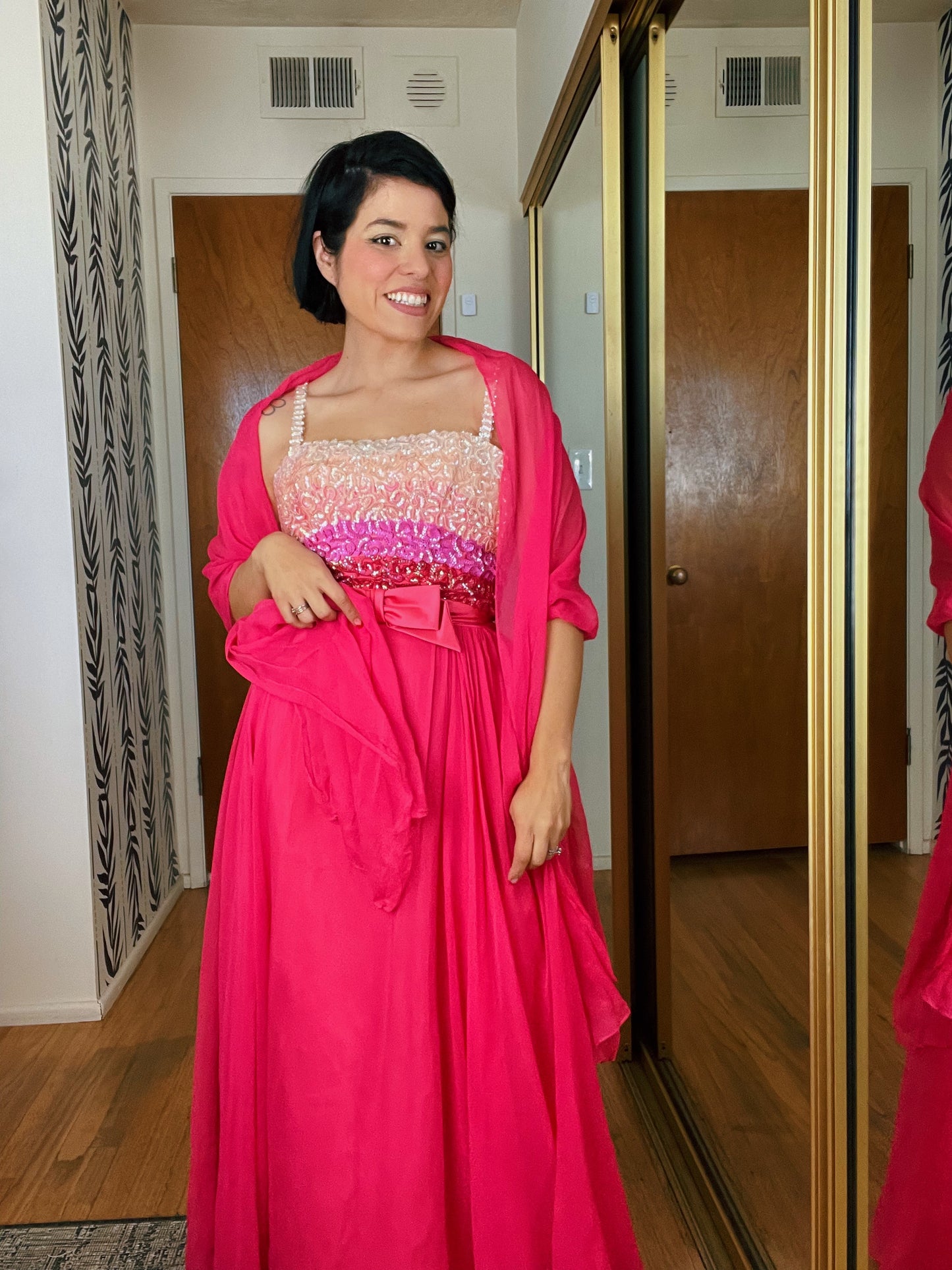 Vintage 60s Ombré Emma Domb Sequins Chiffon Gown Set Fits Sizes XXS-XS