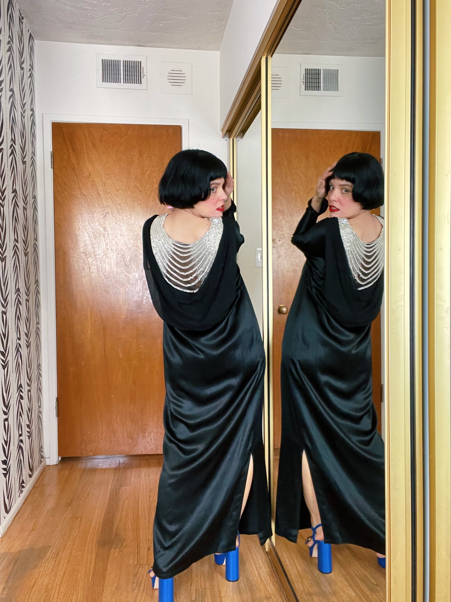 Vintage 70s / 80s Embellished Vamp Goth Batwing Sleeves Maxi Dress Fits Sizes XXS-M