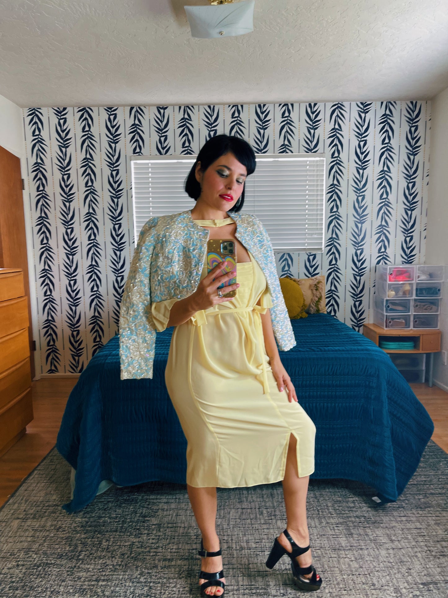 Vintage 80s Buttermilk Yellow Pleated Draped Sleeves Dress Fits Sizes XS-M & Possible Size L