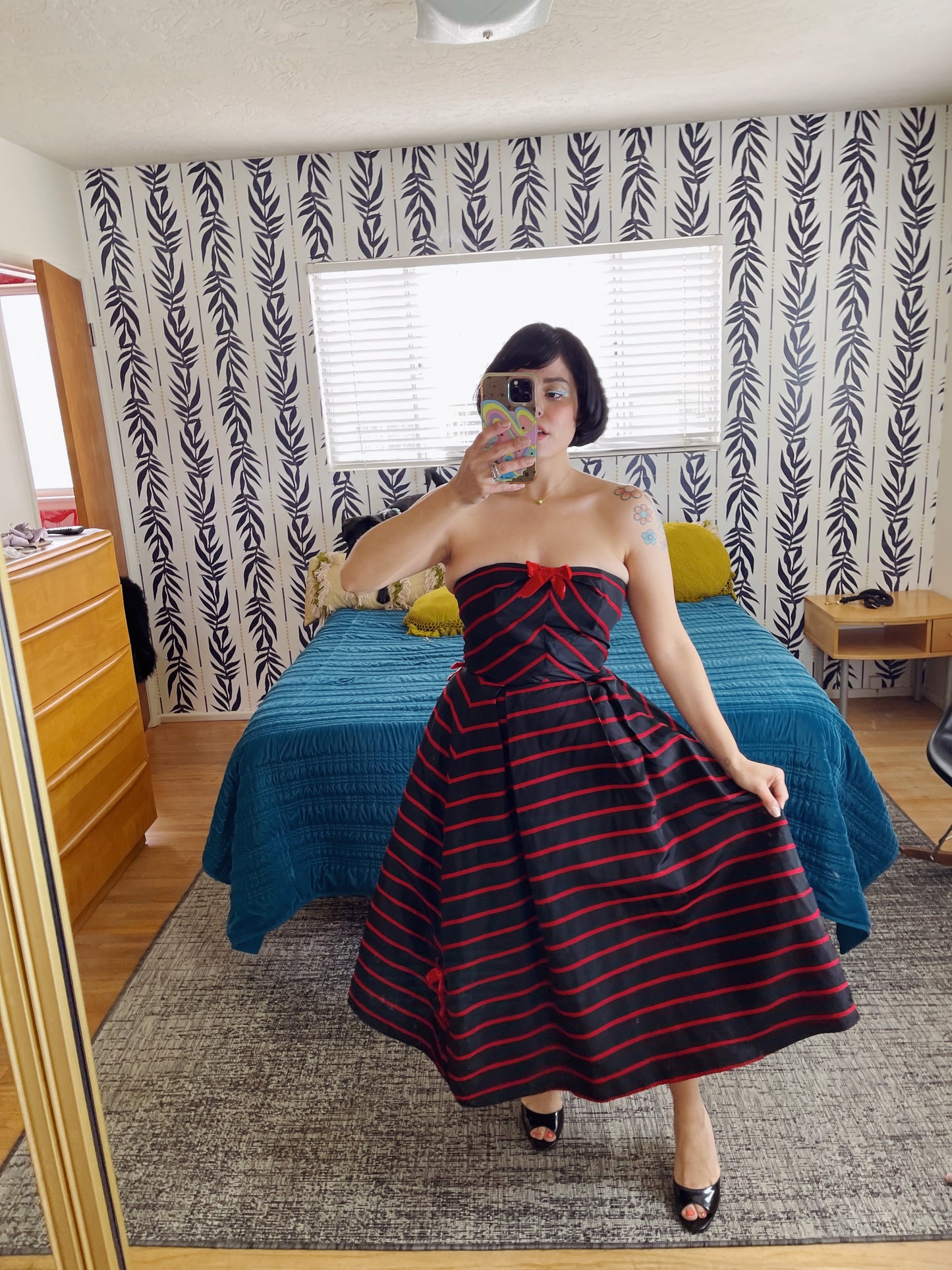 Vintage 50s / 60s Emma Domb Strapless Bow Dress Red Trim Velvet Bow Strapless Cocktail Dress Fits sizes XS-SM