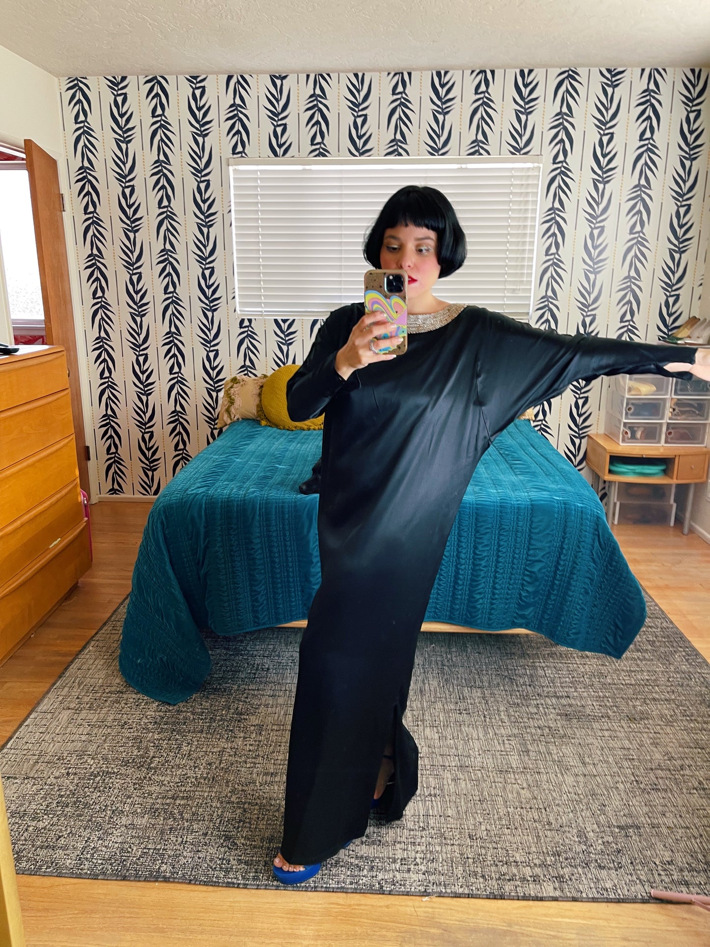 Vintage 70s / 80s Embellished Vamp Goth Batwing Sleeves Maxi Dress Fits Sizes XXS-M