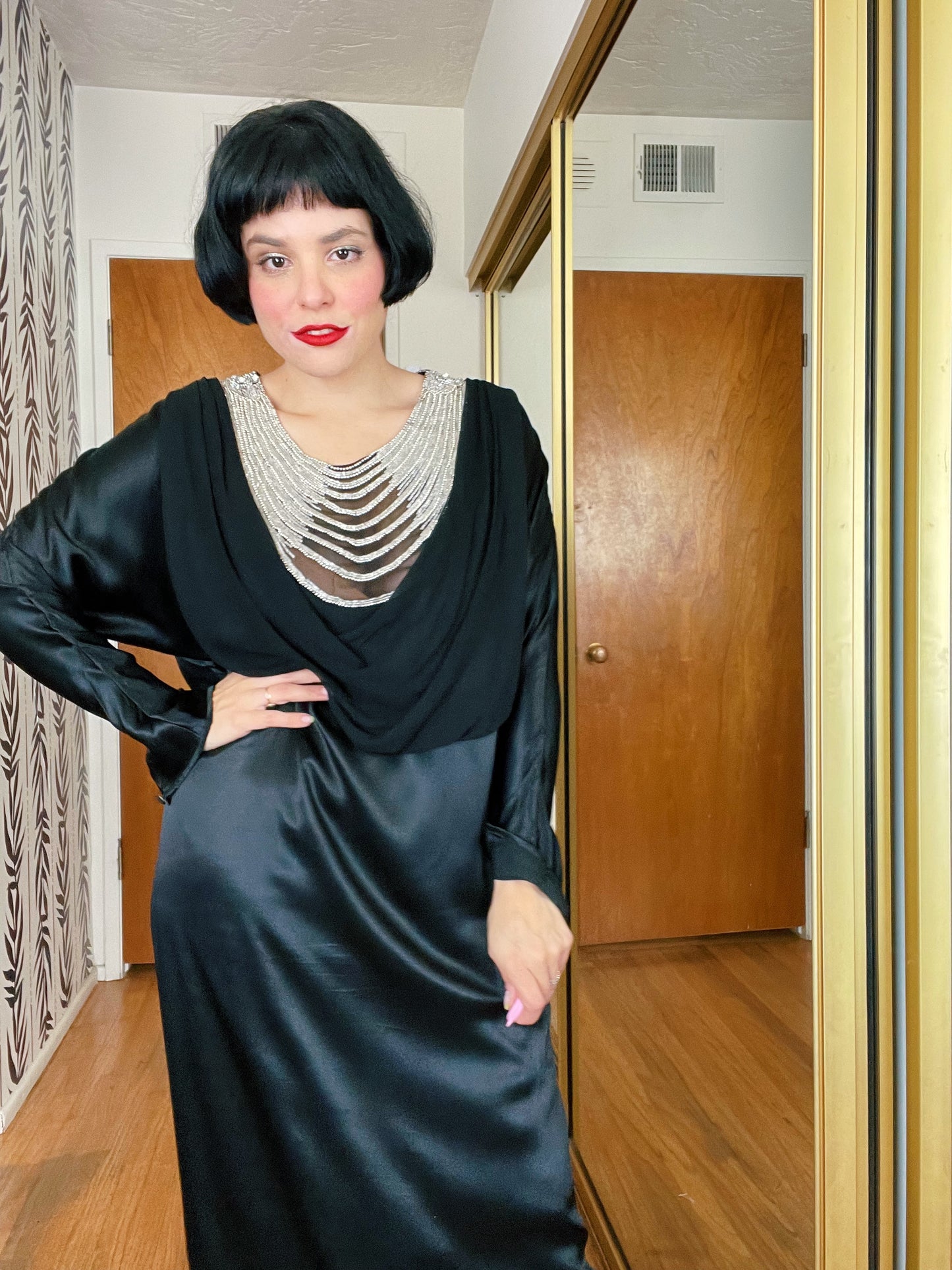Vintage 70s / 80s Embellished Vamp Goth Batwing Sleeves Maxi Dress Fits Sizes XXS-M