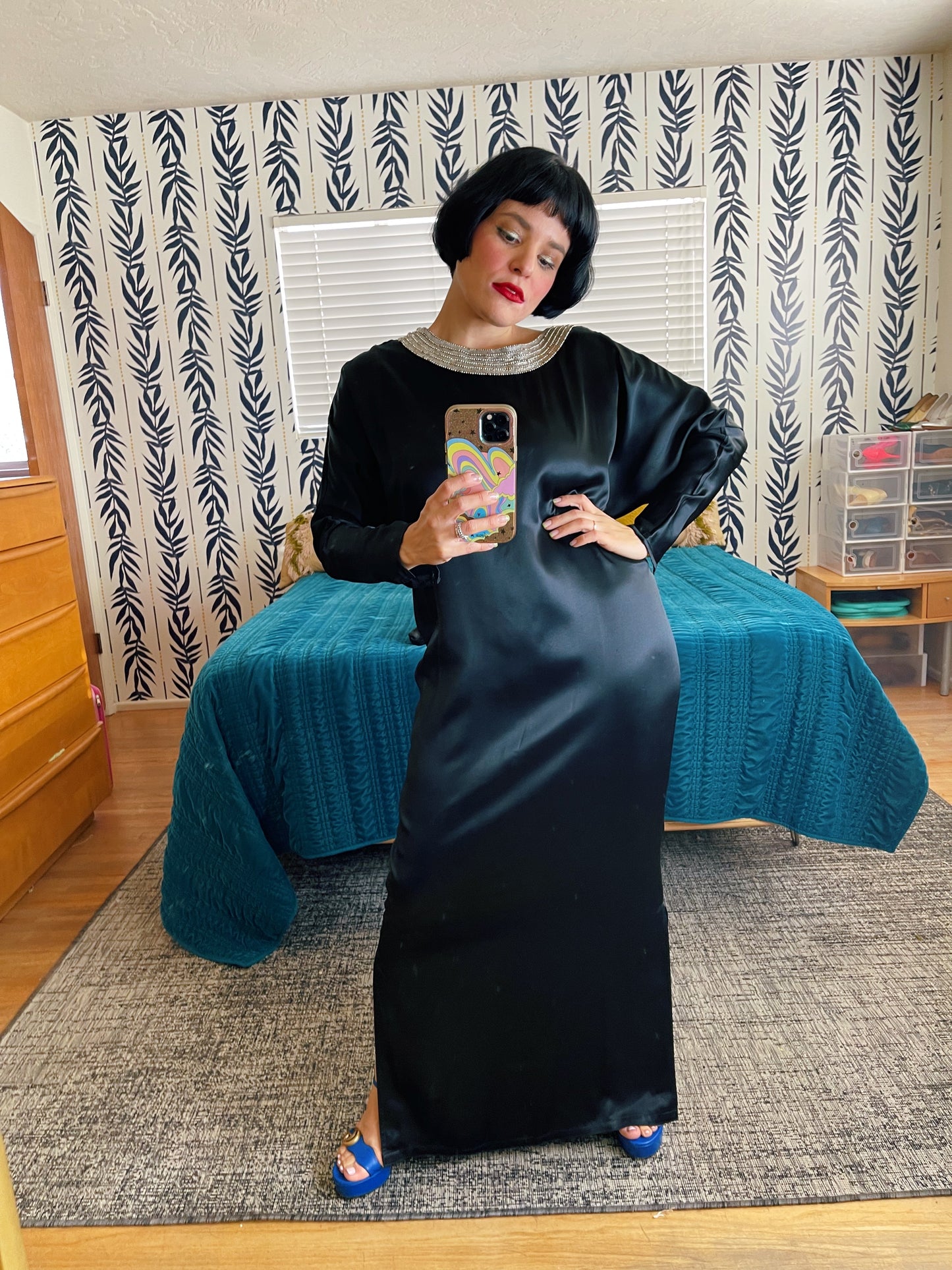 Vintage 70s / 80s Embellished Vamp Goth Batwing Sleeves Maxi Dress Fits Sizes XXS-M