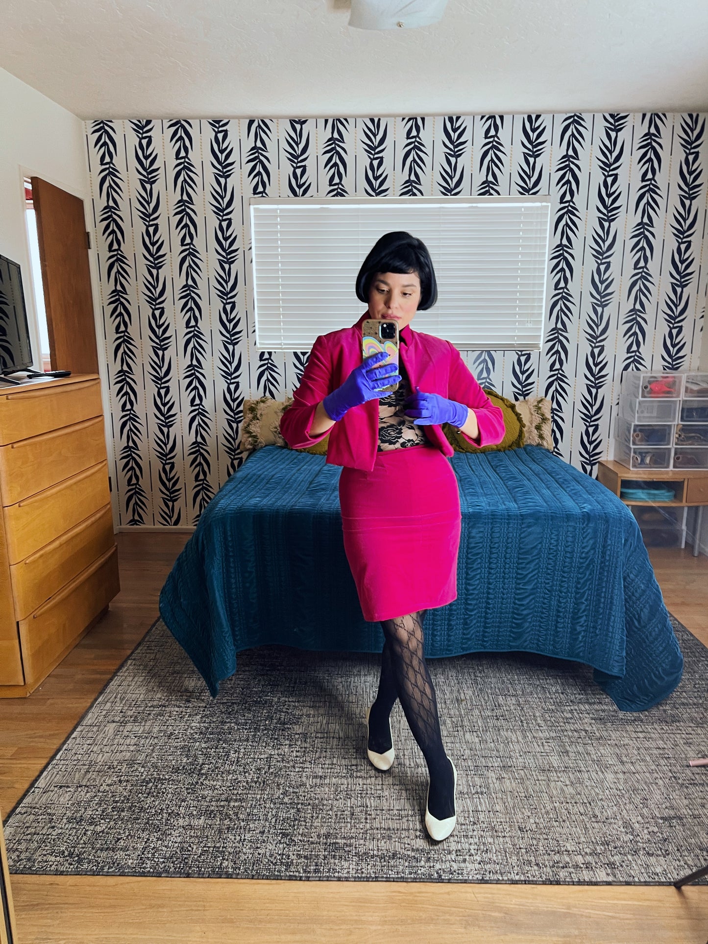 Vintage 60s Hot Pink Velvet Blazer Pencil Skirt Set Fits Sizes XXS-XS