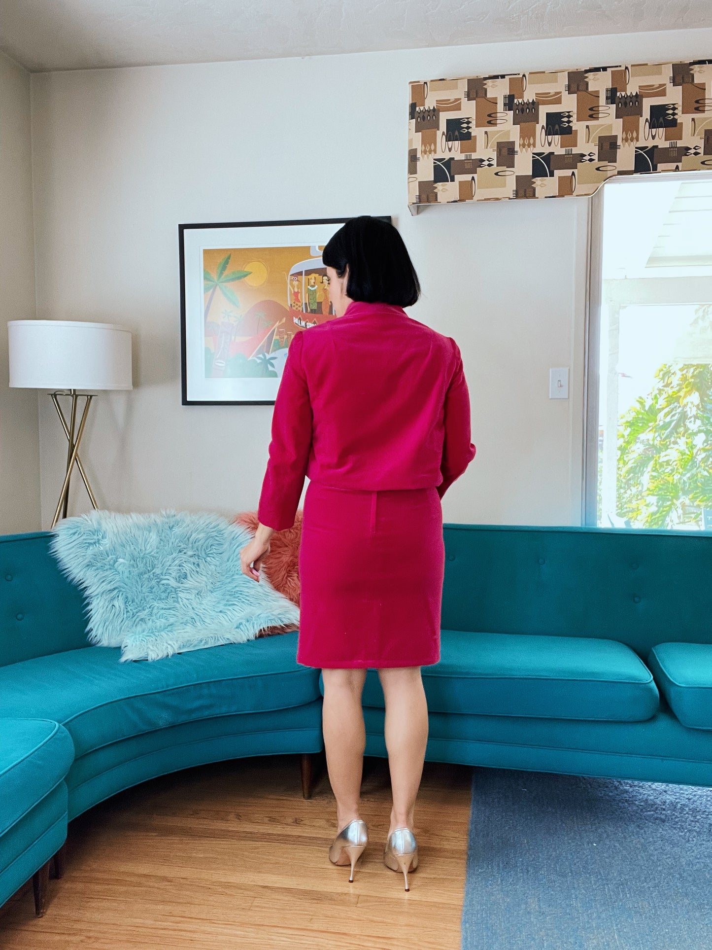 Vintage 60s Hot Pink Velvet Blazer Pencil Skirt Set Fits Sizes XXS-XS