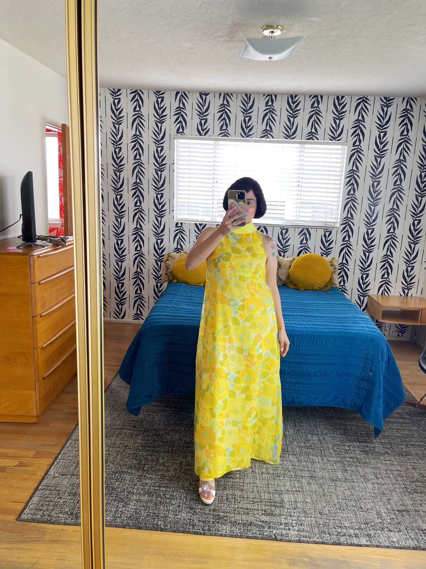 Vintage 60s / 70s Yellow Floral Chiffon Maxi Fits Sizes XS-SM