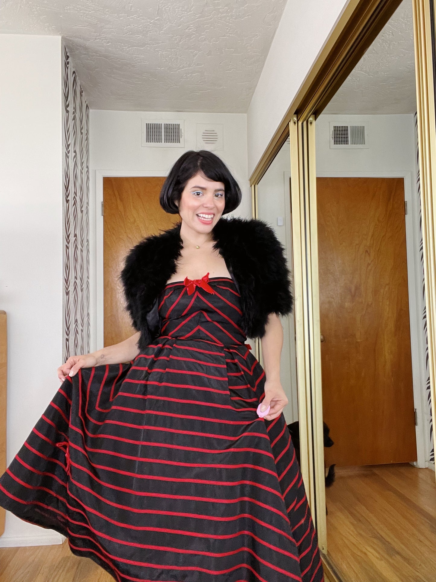 Vintage 50s / 60s Emma Domb Strapless Bow Dress Red Trim Velvet Bow Strapless Cocktail Dress Fits sizes XS-SM