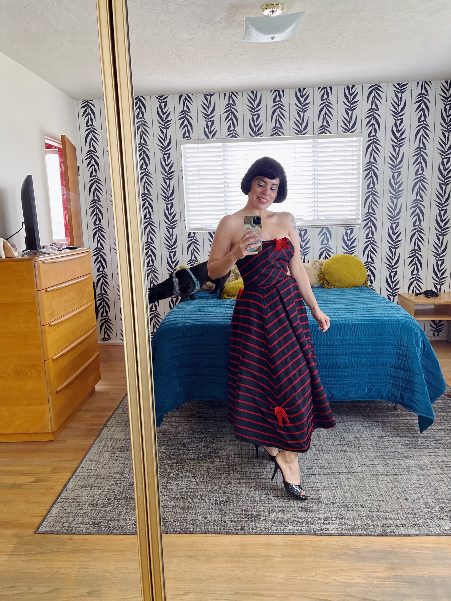 Vintage 50s / 60s Emma Domb Strapless Bow Dress Red Trim Velvet Bow Strapless Cocktail Dress Fits sizes XS-SM