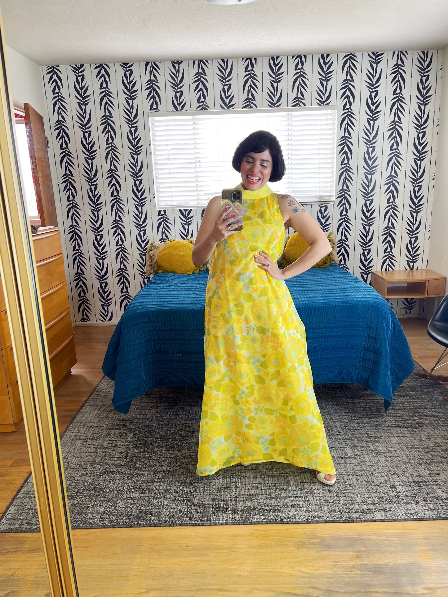 Vintage 60s / 70s Yellow Floral Chiffon Maxi Fits Sizes XS-SM