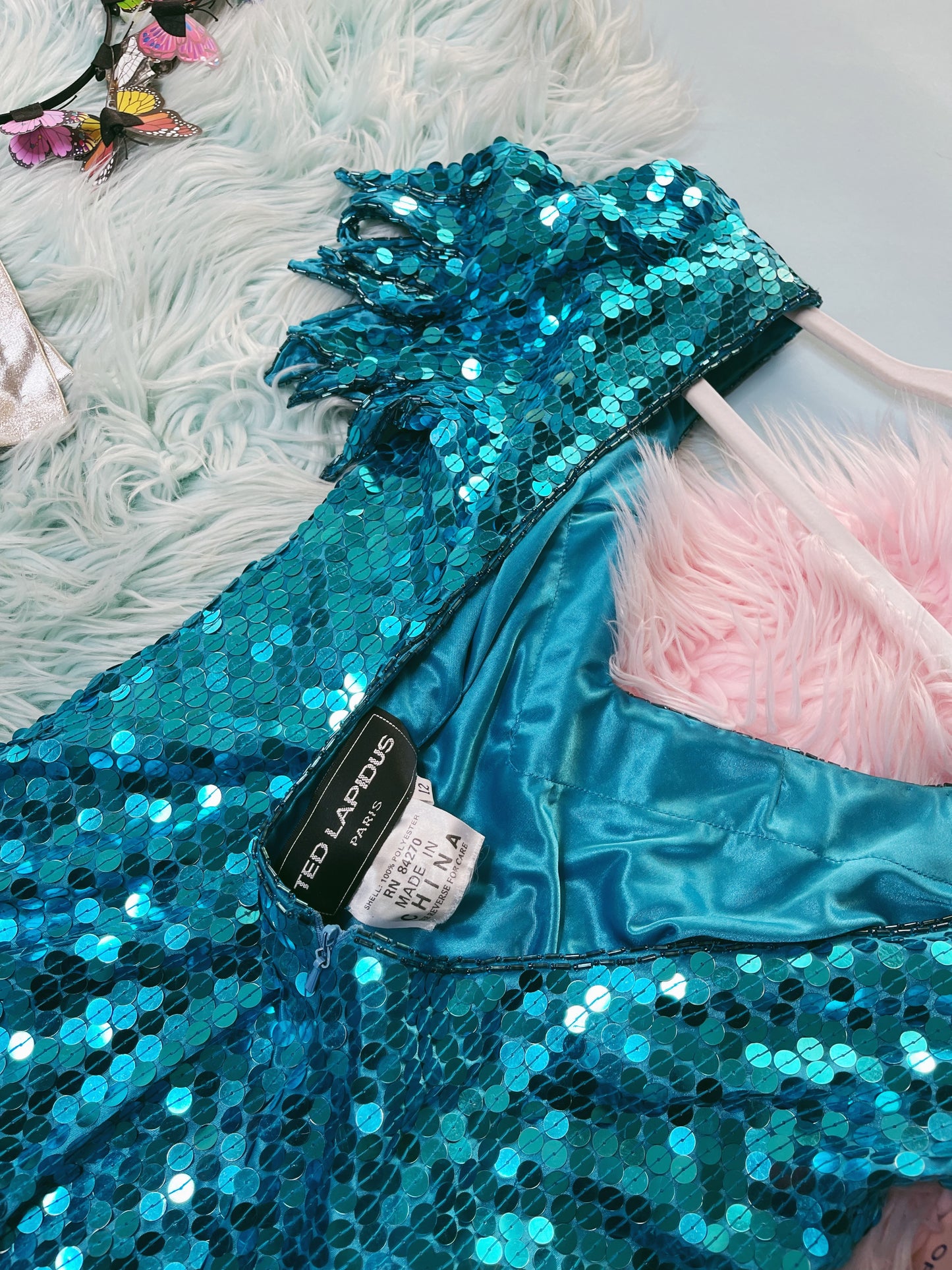 Vintage 80s "Ted Lapidus Paris" Avant Garde Teal Blue Sequins Stretchy Gown Fits Sizes S-M