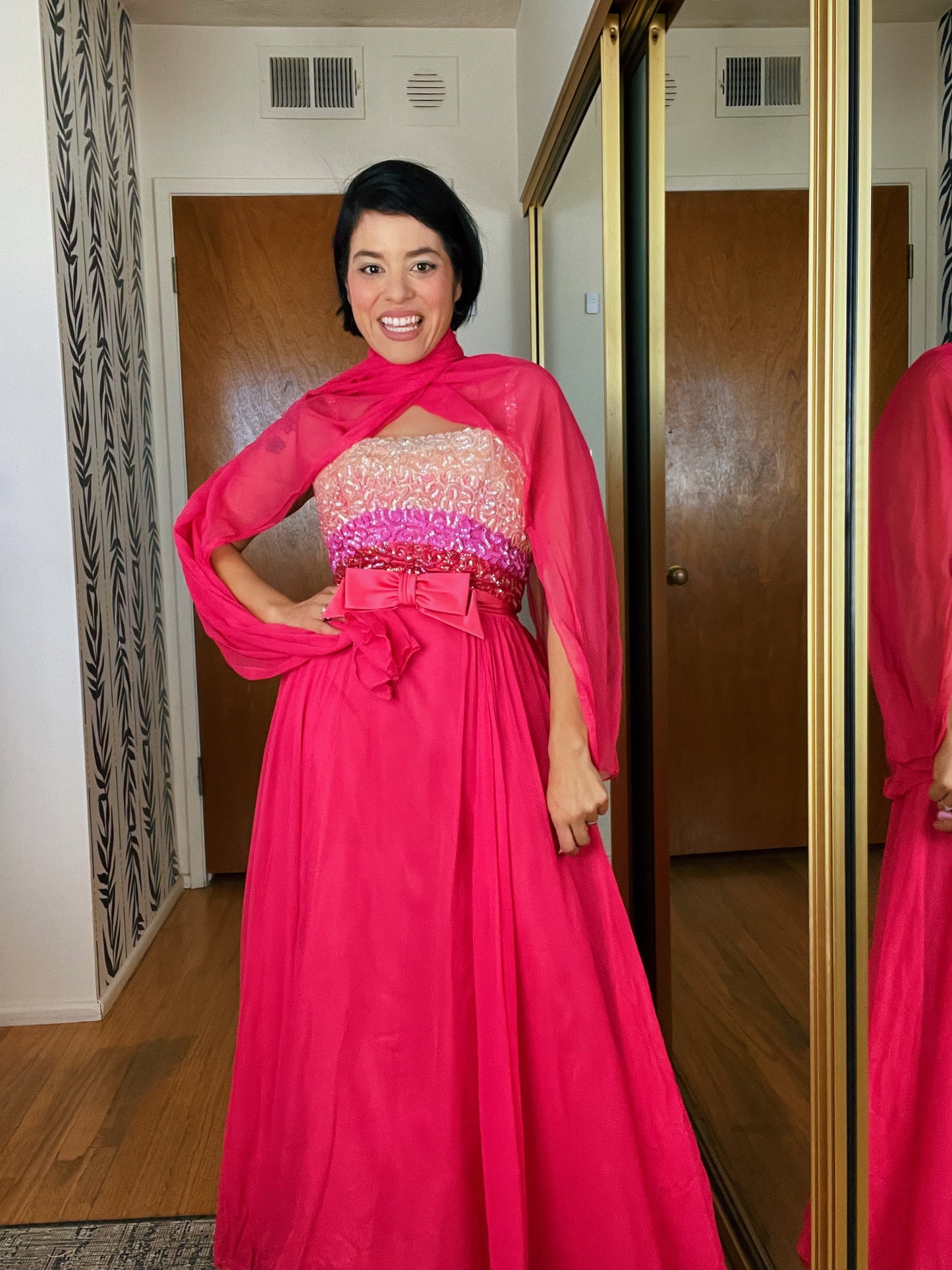 Vintage 60s Ombré Emma Domb Sequins Chiffon Gown Set Fits Sizes XXS-XS