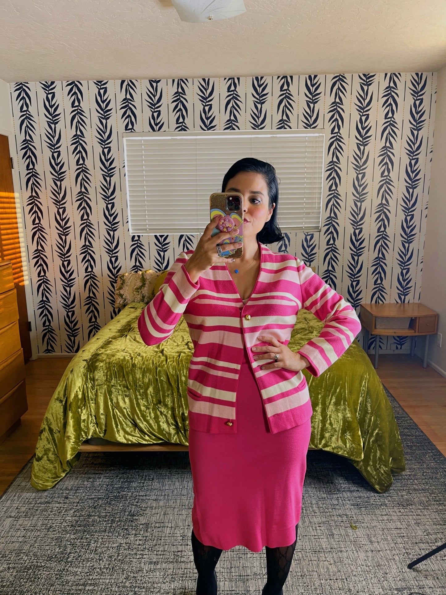 Vintage 60s /70s Hot Pink Soft Wool Made in Switzerland Striped Skirt Set Fits Sizes XXS-SM