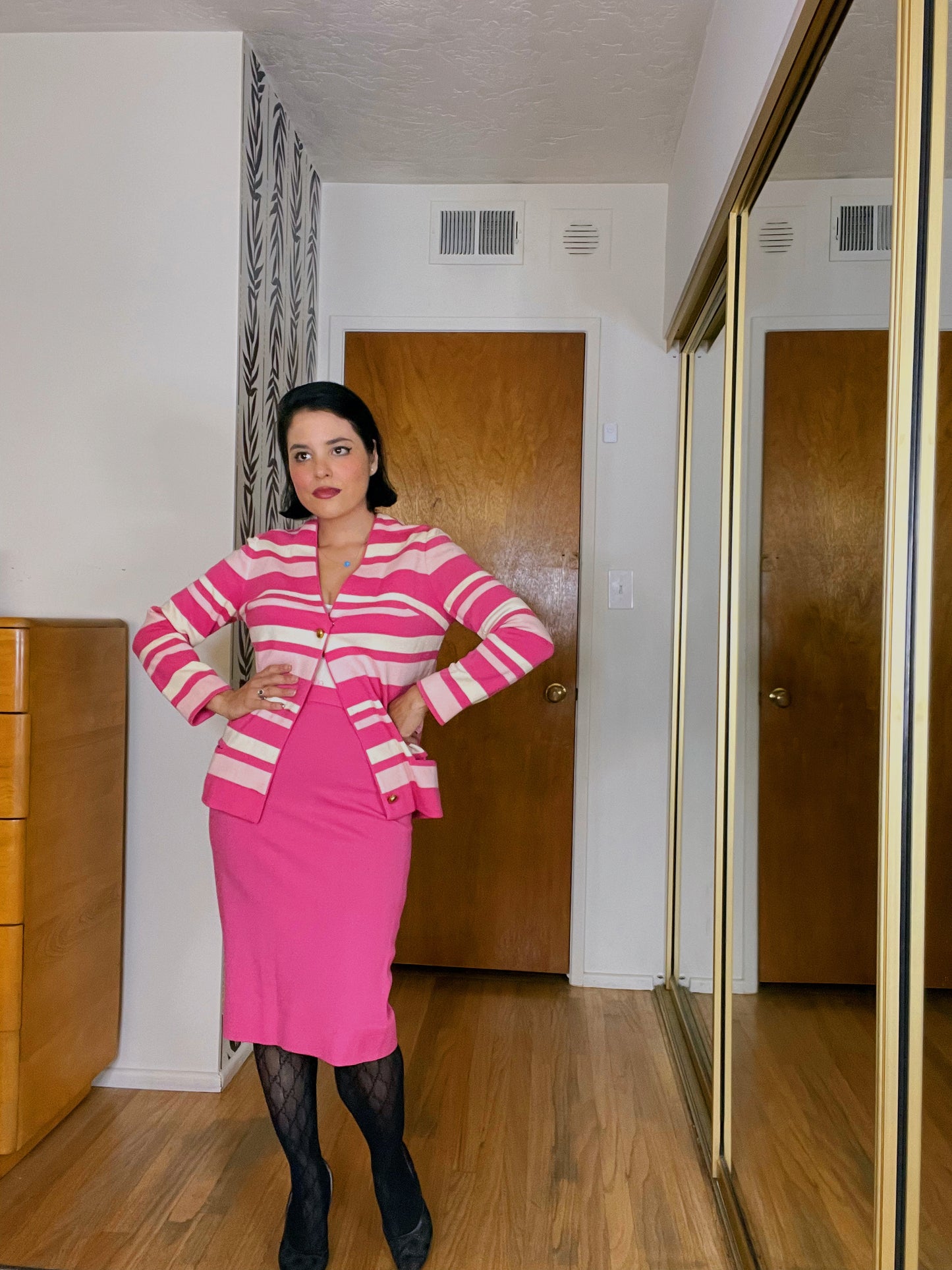 Vintage 60s /70s Hot Pink Soft Wool Made in Switzerland Striped Skirt Set Fits Sizes XXS-SM