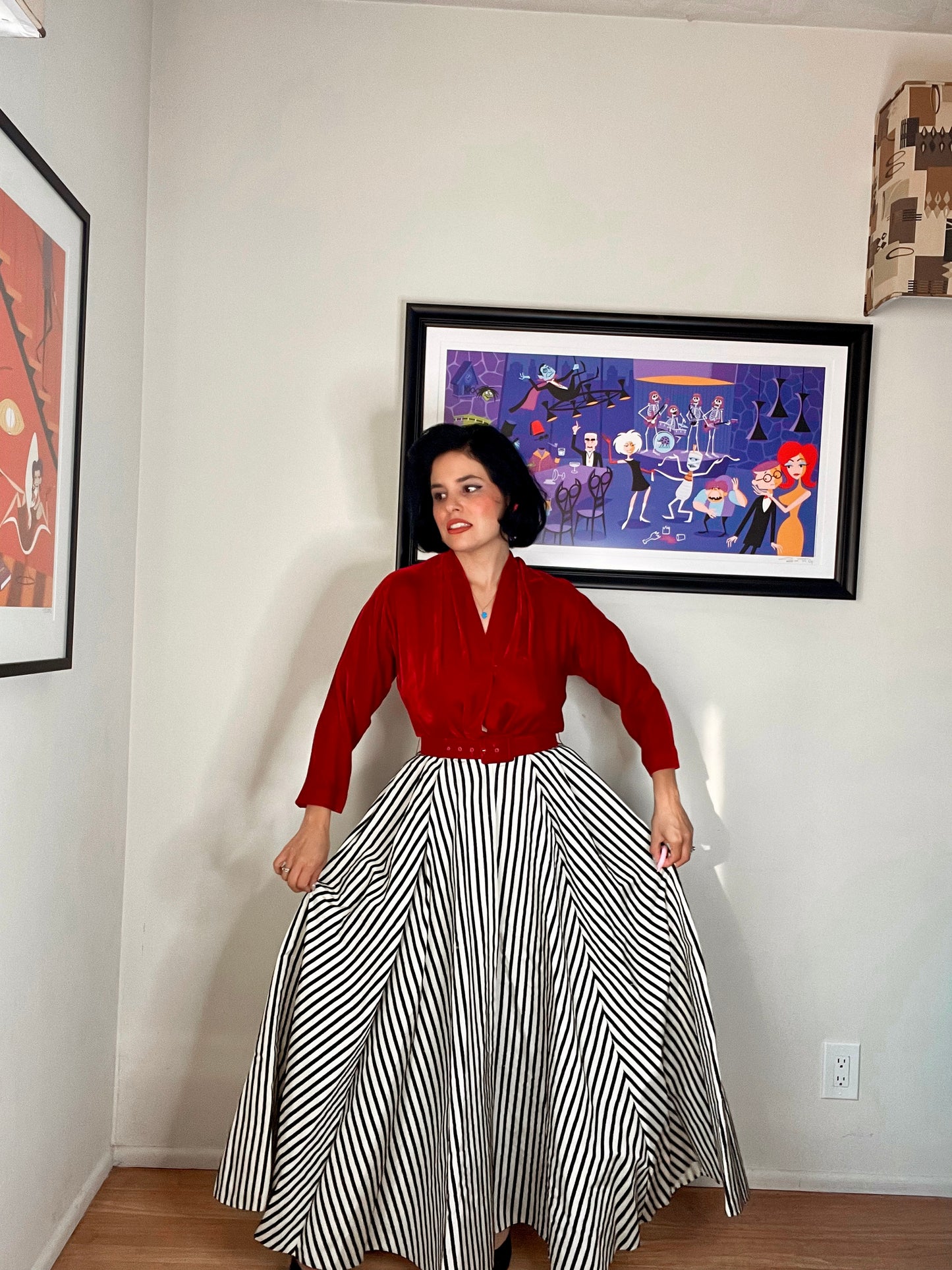 Vintage 50s Red Velvet with Striped Skirt Maxi Dress Fits sizes XS-SM