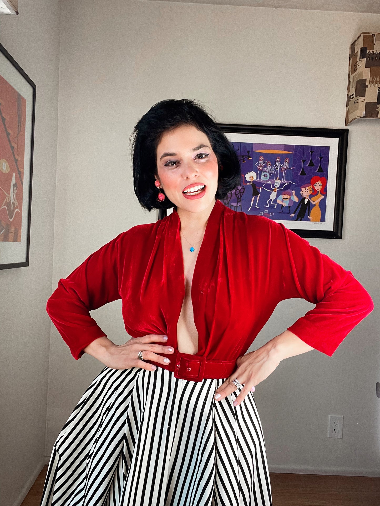 Vintage 50s Red Velvet with Striped Skirt Maxi Dress Fits sizes XS-SM