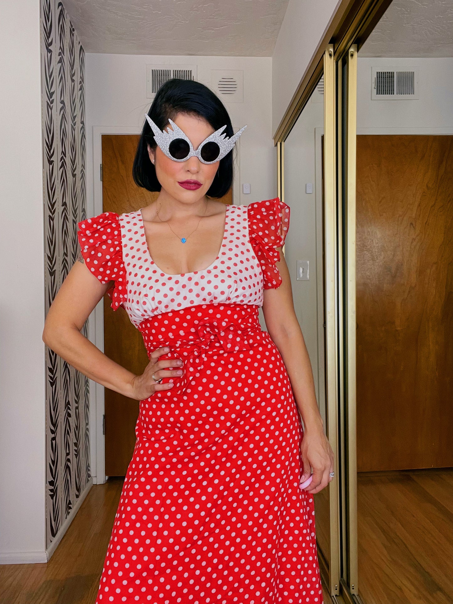 Vintage 70s Polka Dot Peekaboo White & Red Maxi Fits sizes XXS-XS