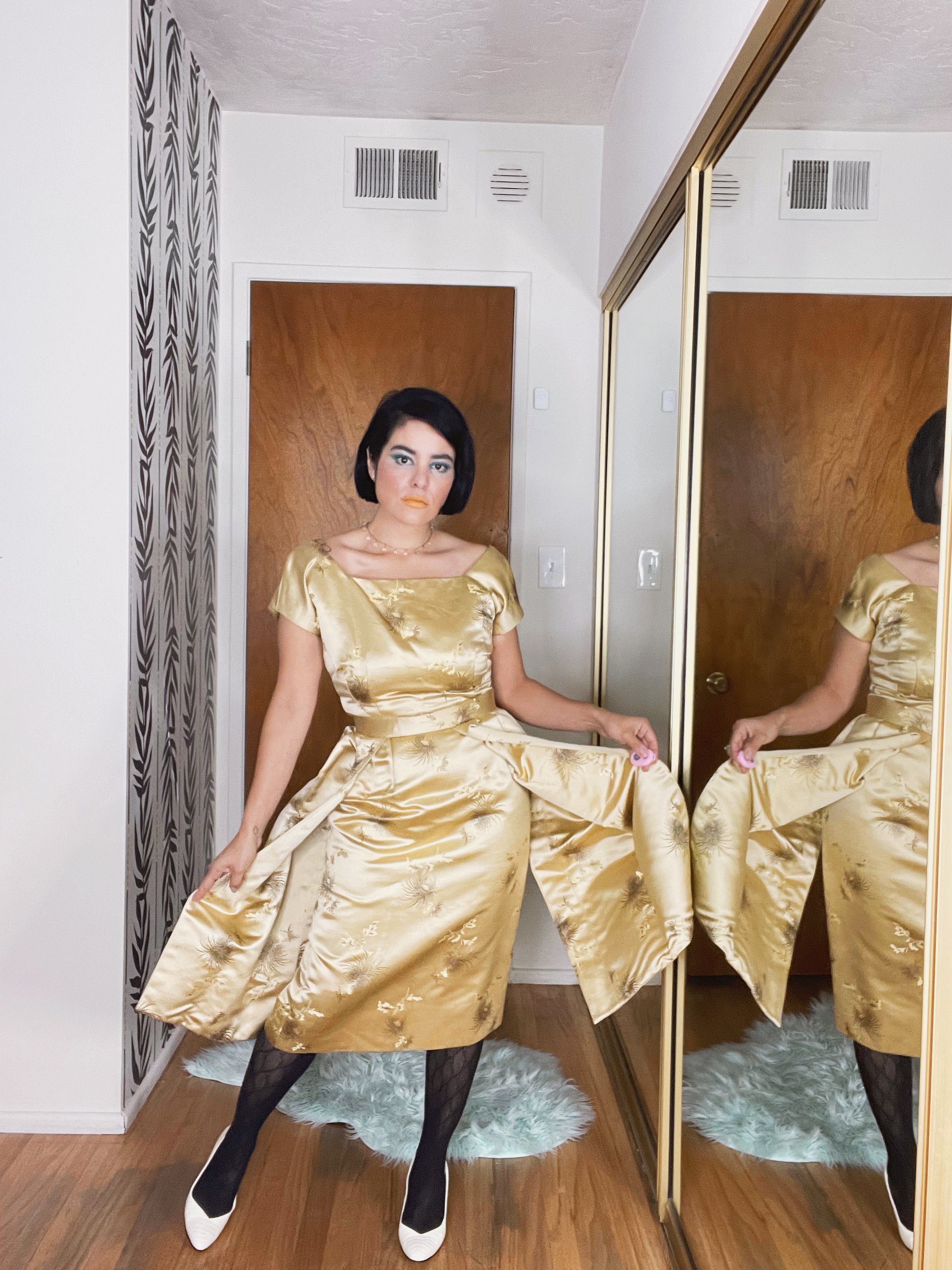 gold wiggle dress 1960s Gold Metallic Floral Fashion From Orient Asian Inspired Cheongsam  Pencil Wiggle Dress Gown  Canned Ham Vintage