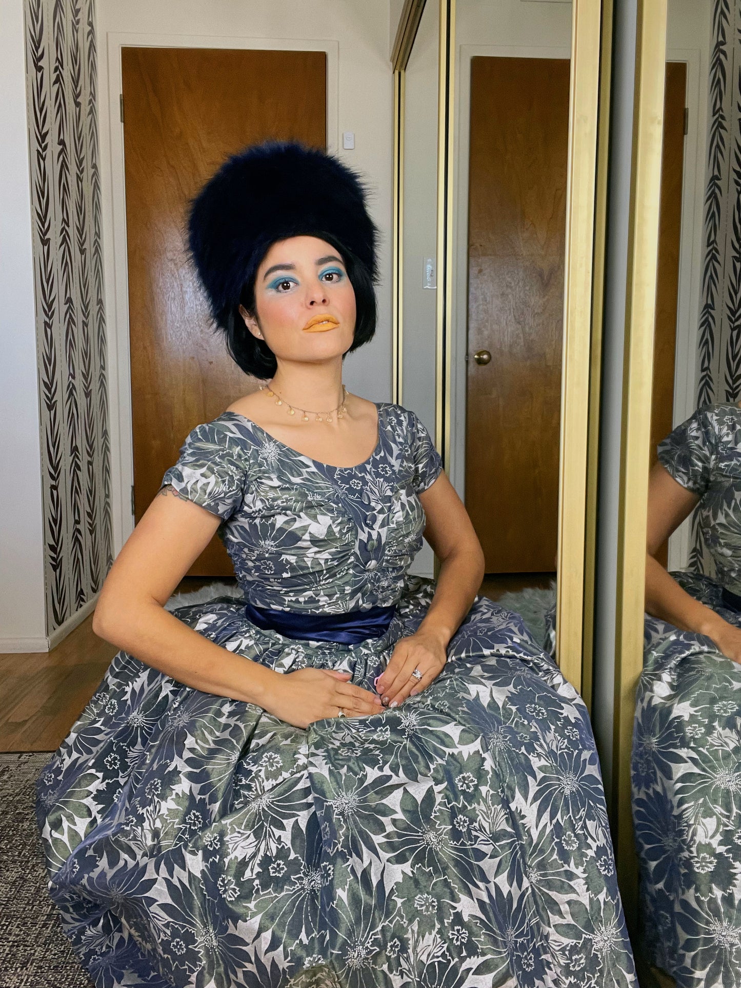 Vintage 50's Iridescent Floral Full Skirt Ruched Bodice Cocktail Dress Fits Sizes XXS-SM