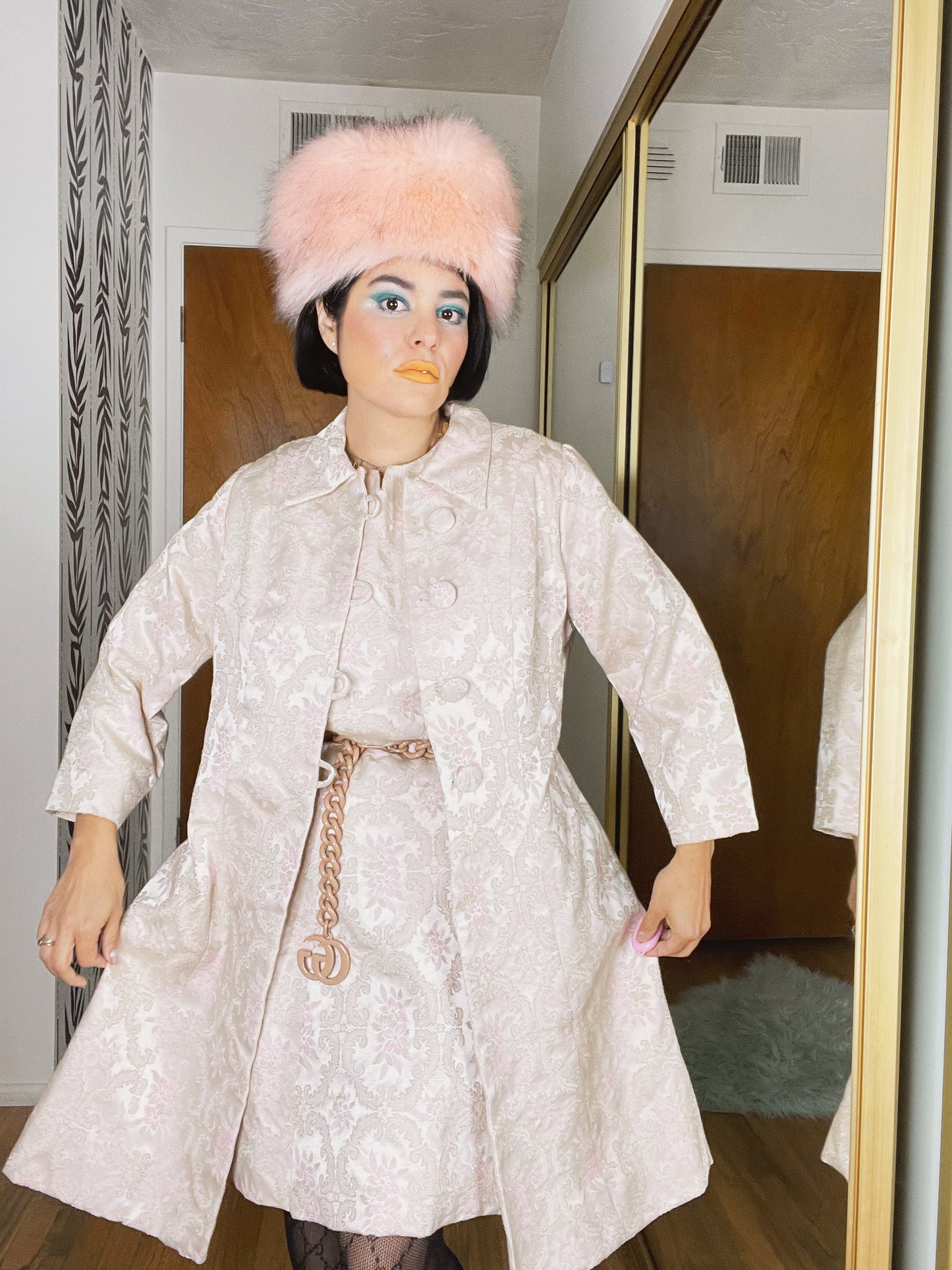 Vintage 60s Pink Barcode Dress with Matching Coat Set Fits Sizes S-M