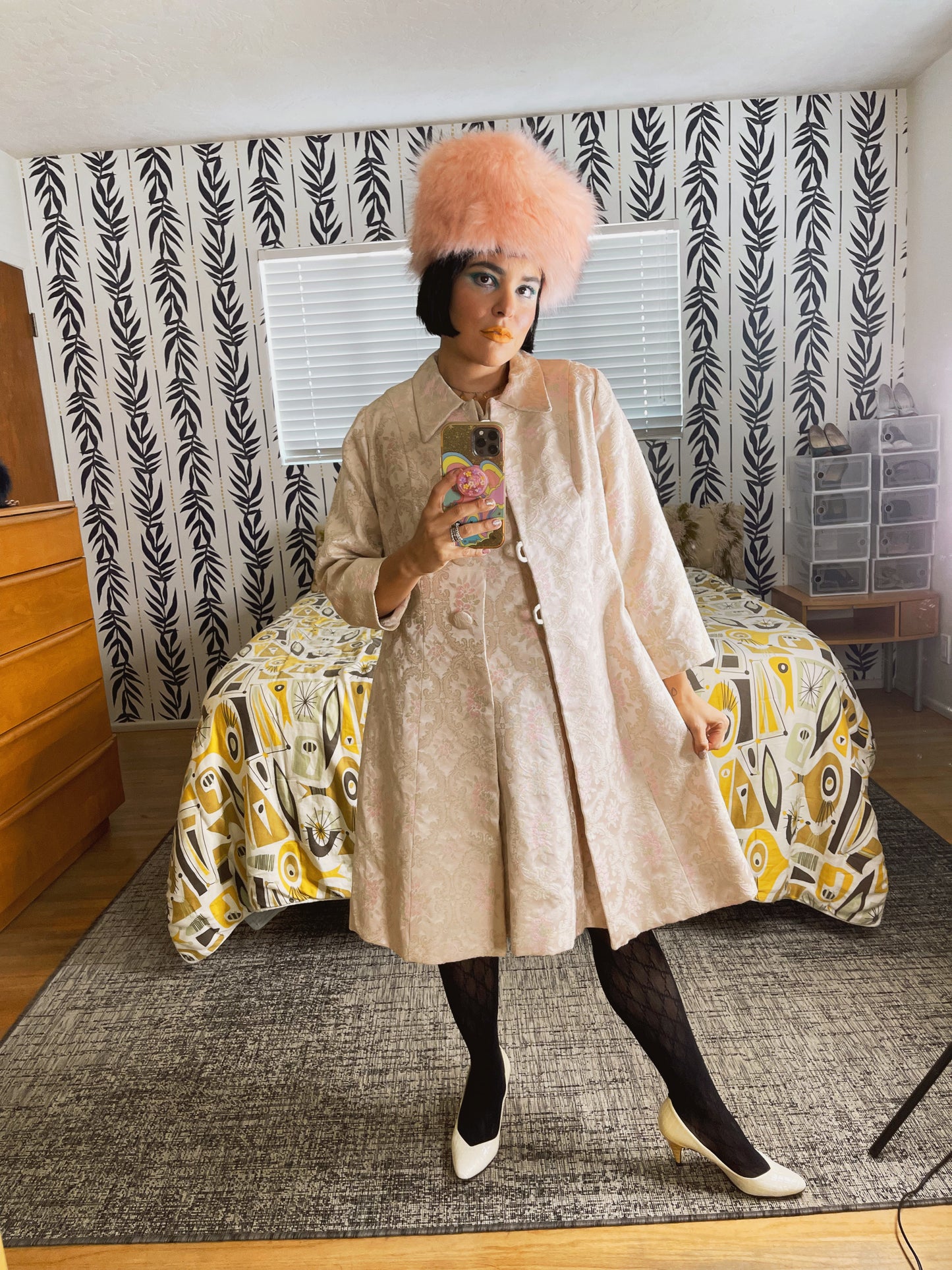 Vintage 60s Pink Barcode Dress with Matching Coat Set Fits Sizes S-M