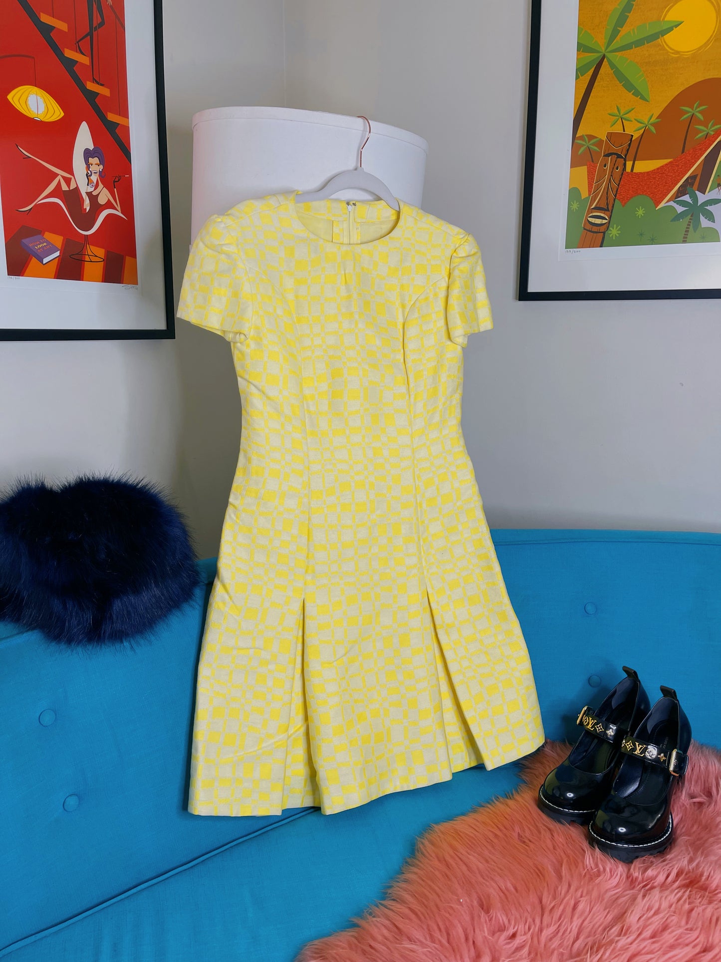 Vintage 60s / 70s Yellow and White Checkered Dress Fits Sizes XXS-SM