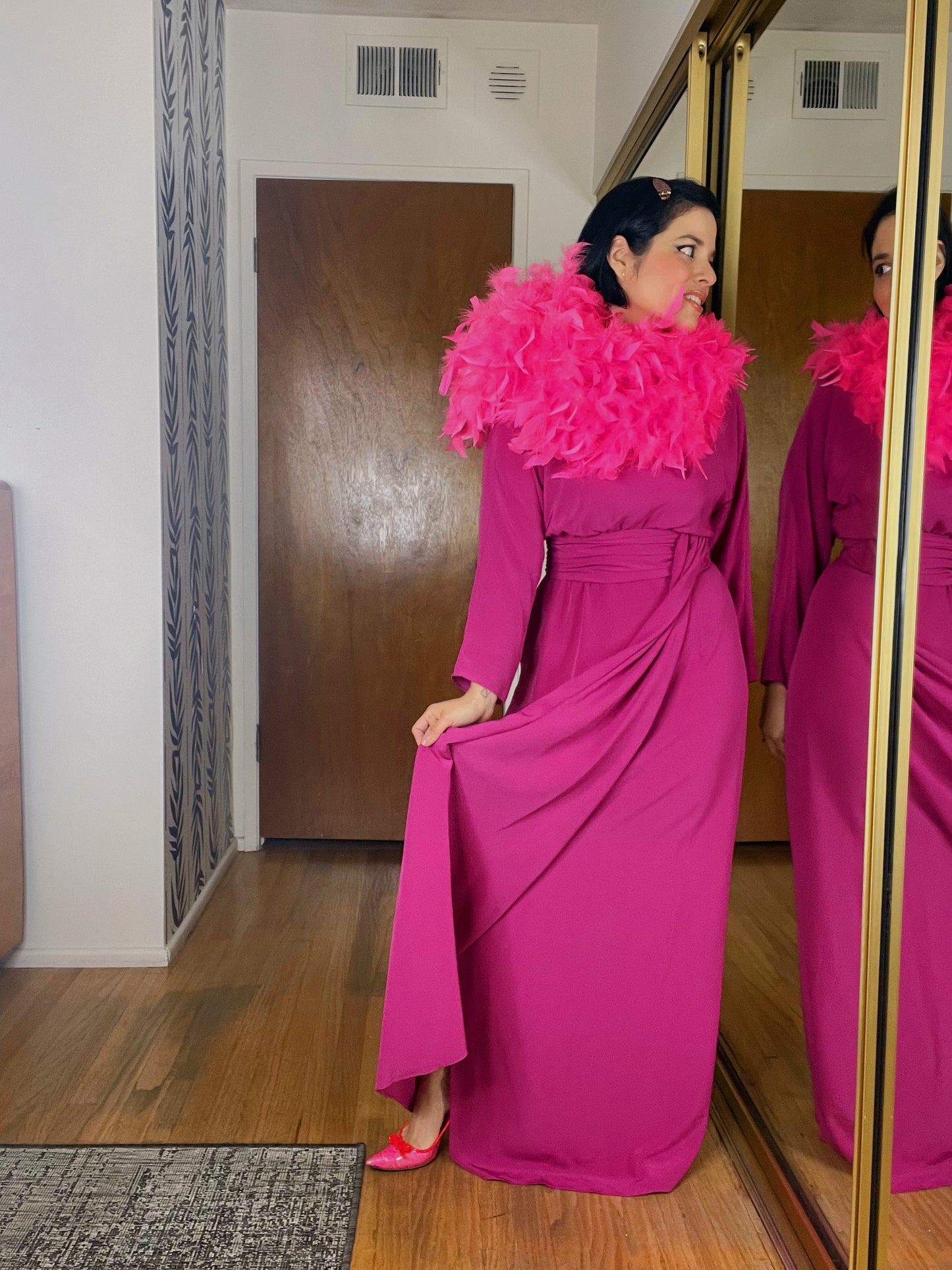 Vintage 60s / 70s Miss Elliette California Grecian Goddess Raspberry Pink Maxi Dress Fits Sizes XXS-SM