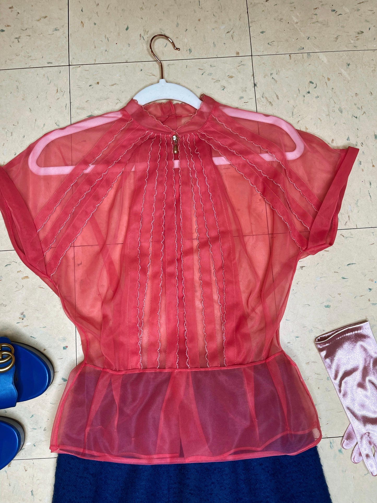 Vintage 50s Nylon Sheer Blouse with Pearl Collar Fits Sizes XXS-SM