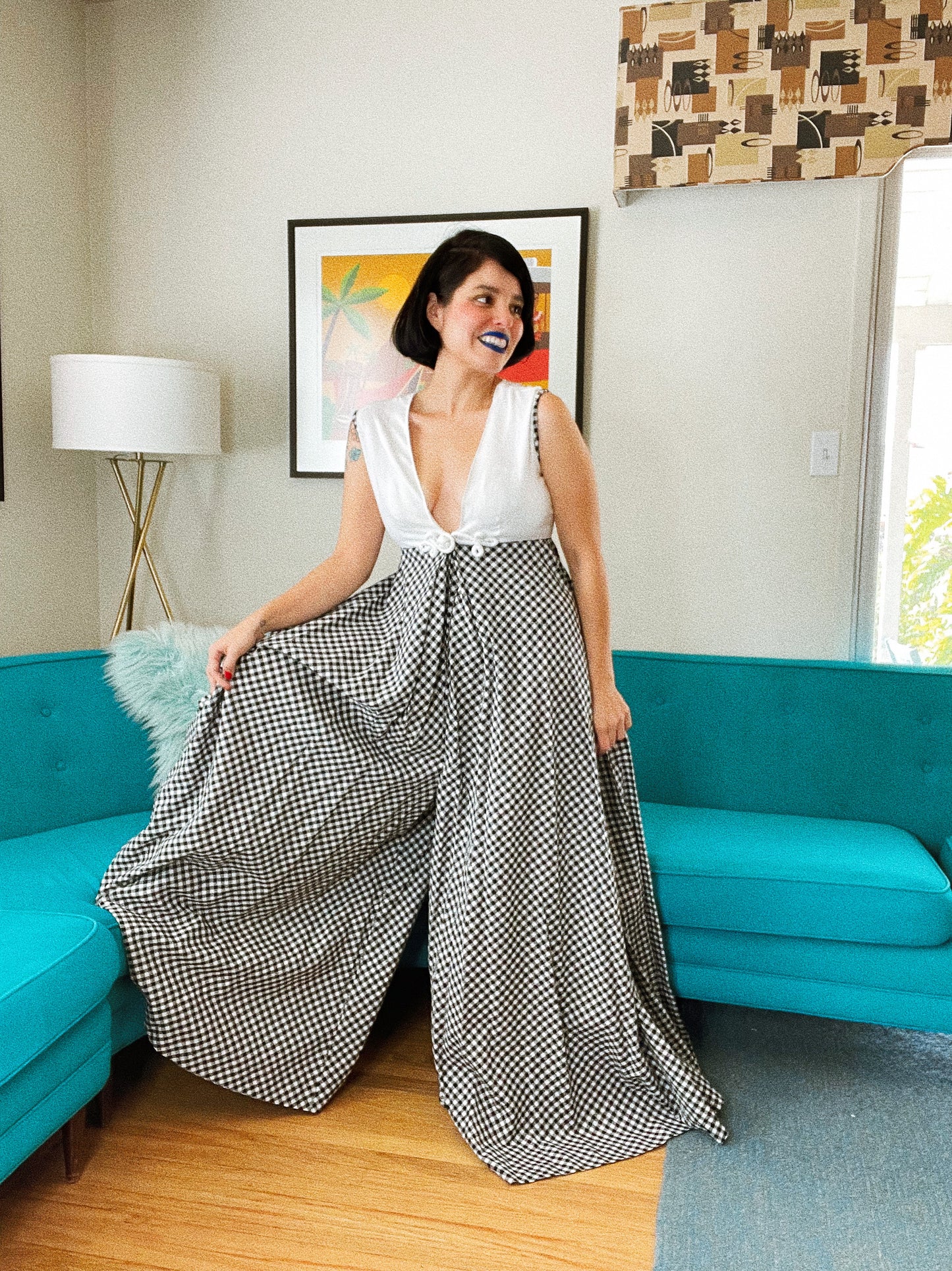 Vintage 60s / 70s Black & White Gingham Palazzo Pant Leg Jumpsuit Fits sizes XS-M