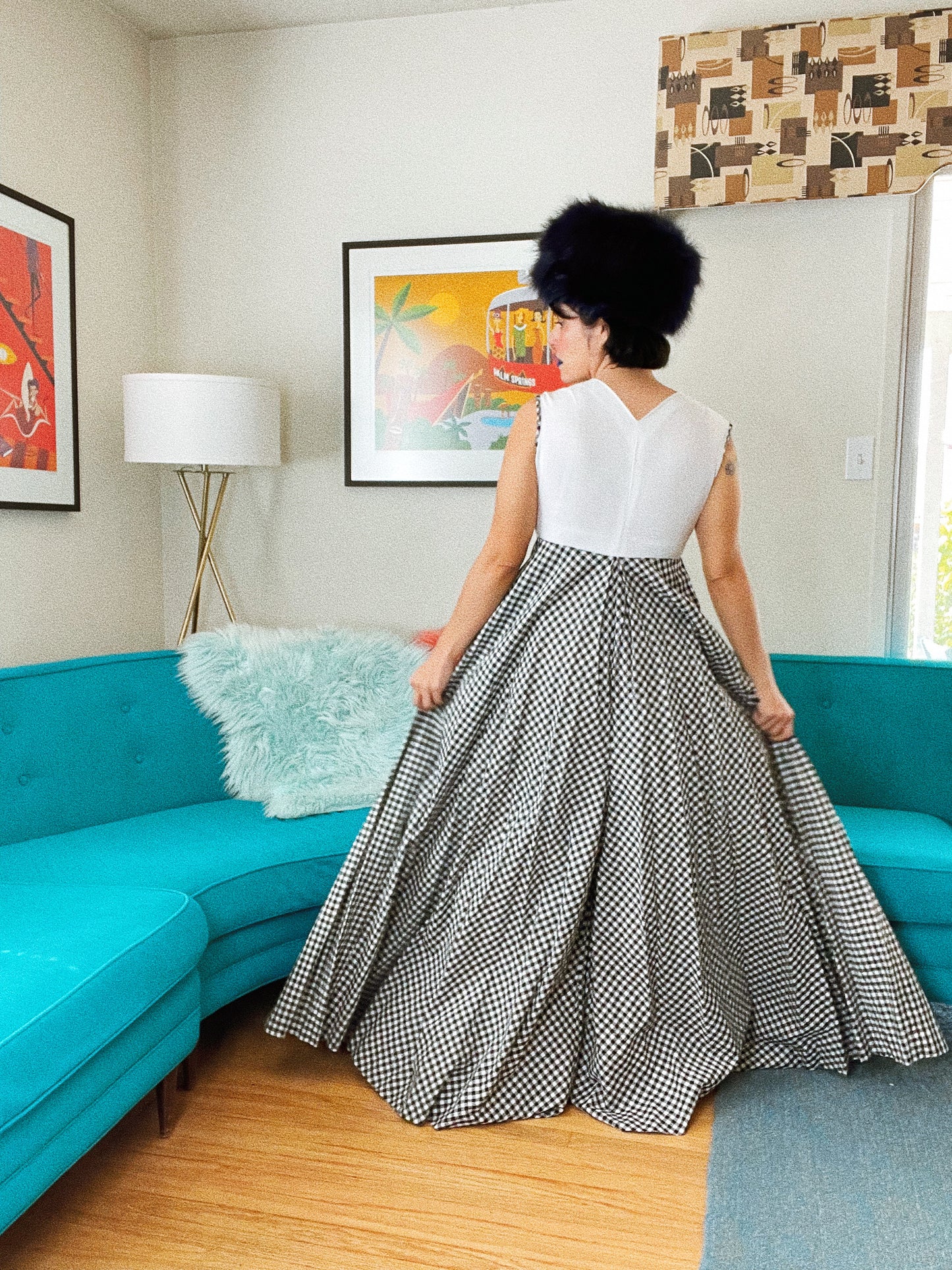 Vintage 60s / 70s Black & White Gingham Palazzo Pant Leg Jumpsuit Fits sizes XS-M