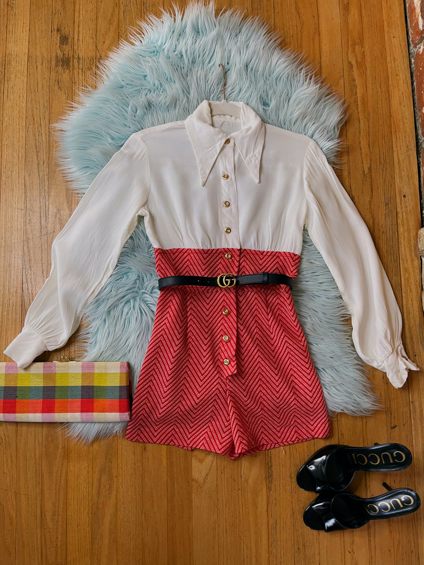 Vintage 60s Chevron Red & White Print Dagger Collar Romper Fits Sizes XXS-XS