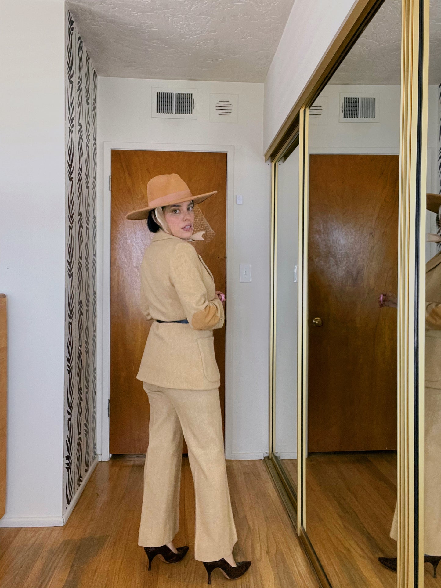 Vintage 70s Herringbone Faux Suede Wool Pant Suit Set Fits Sizes XXS-XS & Possible Size SM