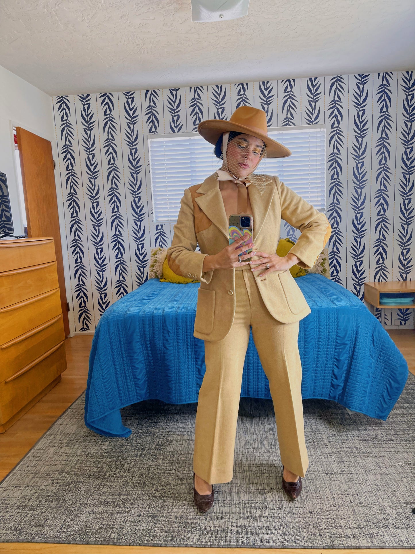 Vintage 70s Herringbone Faux Suede Wool Pant Suit Set Fits Sizes XXS-XS & Possible Size SM