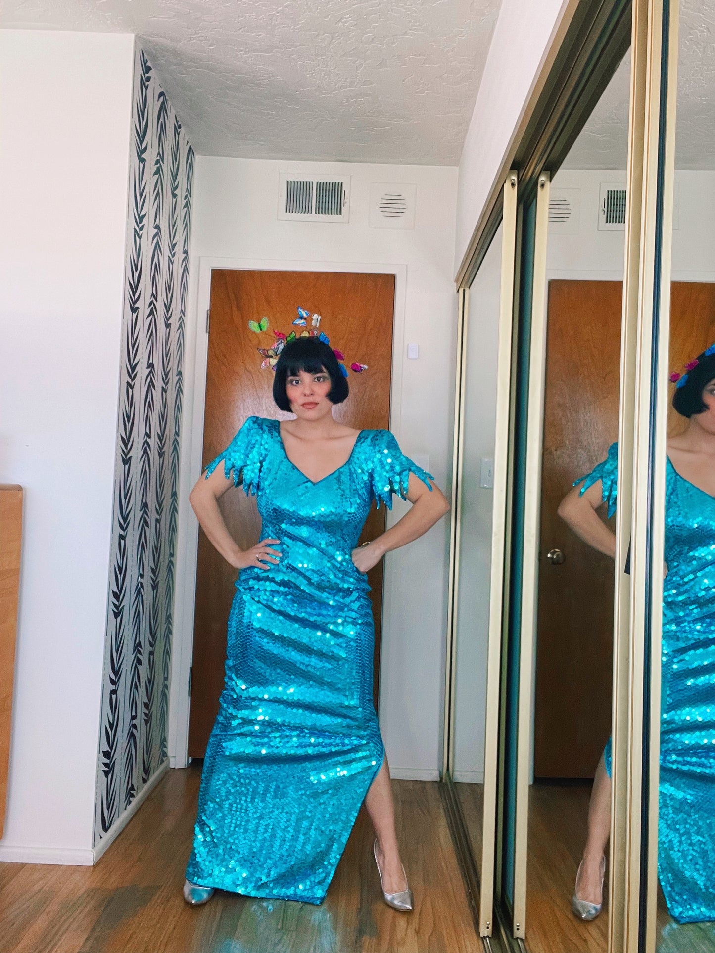 Vintage 80s "Ted Lapidus Paris" Avant Garde Teal Blue Sequins Stretchy Gown Fits Sizes S-M