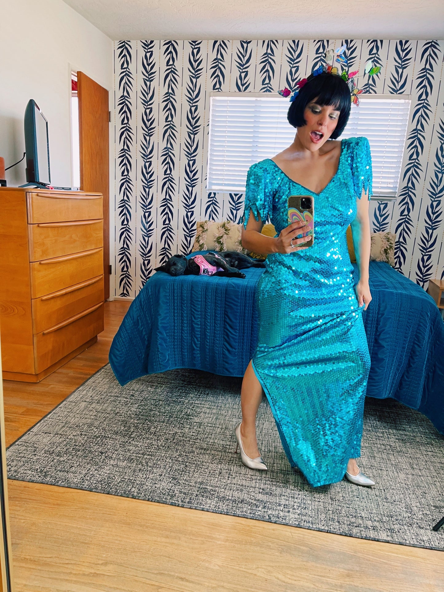 Vintage 80s "Ted Lapidus Paris" Avant Garde Teal Blue Sequins Stretchy Gown Fits Sizes S-M