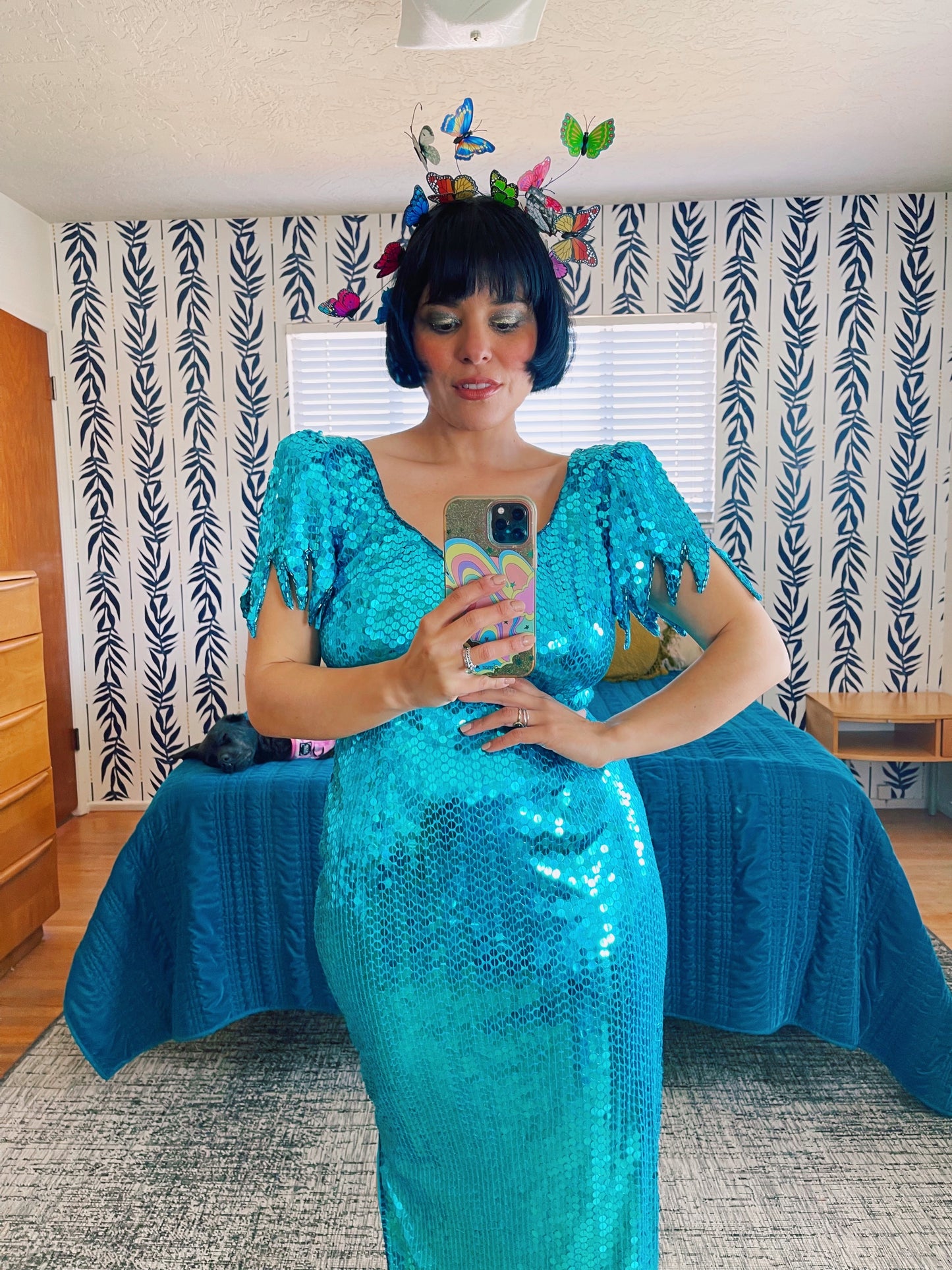 Vintage 80s "Ted Lapidus Paris" Avant Garde Teal Blue Sequins Stretchy Gown Fits Sizes S-M